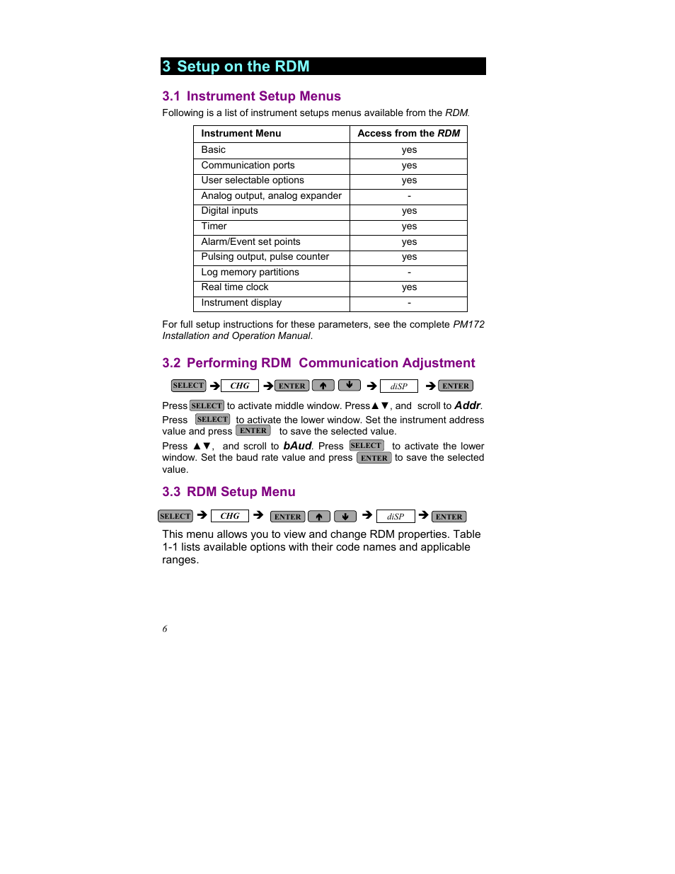 Setup on the rdm, Instrument setup menus, Performing rdm communication adjustment | Rdm setup menu, 3 setup on the rdm, 1 instrument setup menus, 2 performing rdm communication adjustment, 3 rdm setup menu | SATEC RDM172 Quick Start-1 User Manual | Page 7 / 10