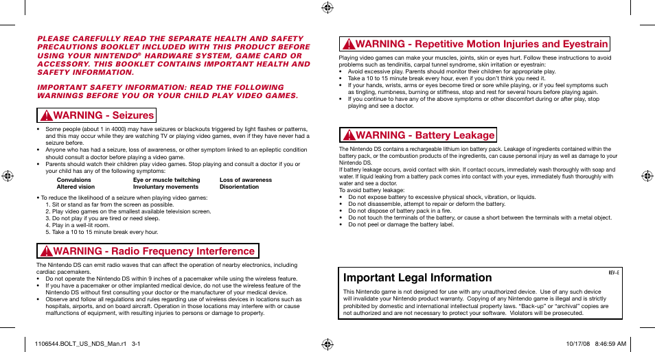 Important legal information, Warning - repetitive motion injuries and eyestrain, Warning - seizures | Disney Interactive Studios Episode #332 User Manual | Page 2 / 11