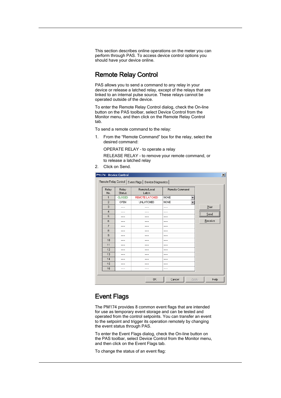 Remote relay control, Event flags, Remote device control | SATEC PM174 Manual User Manual | Page 105 / 149