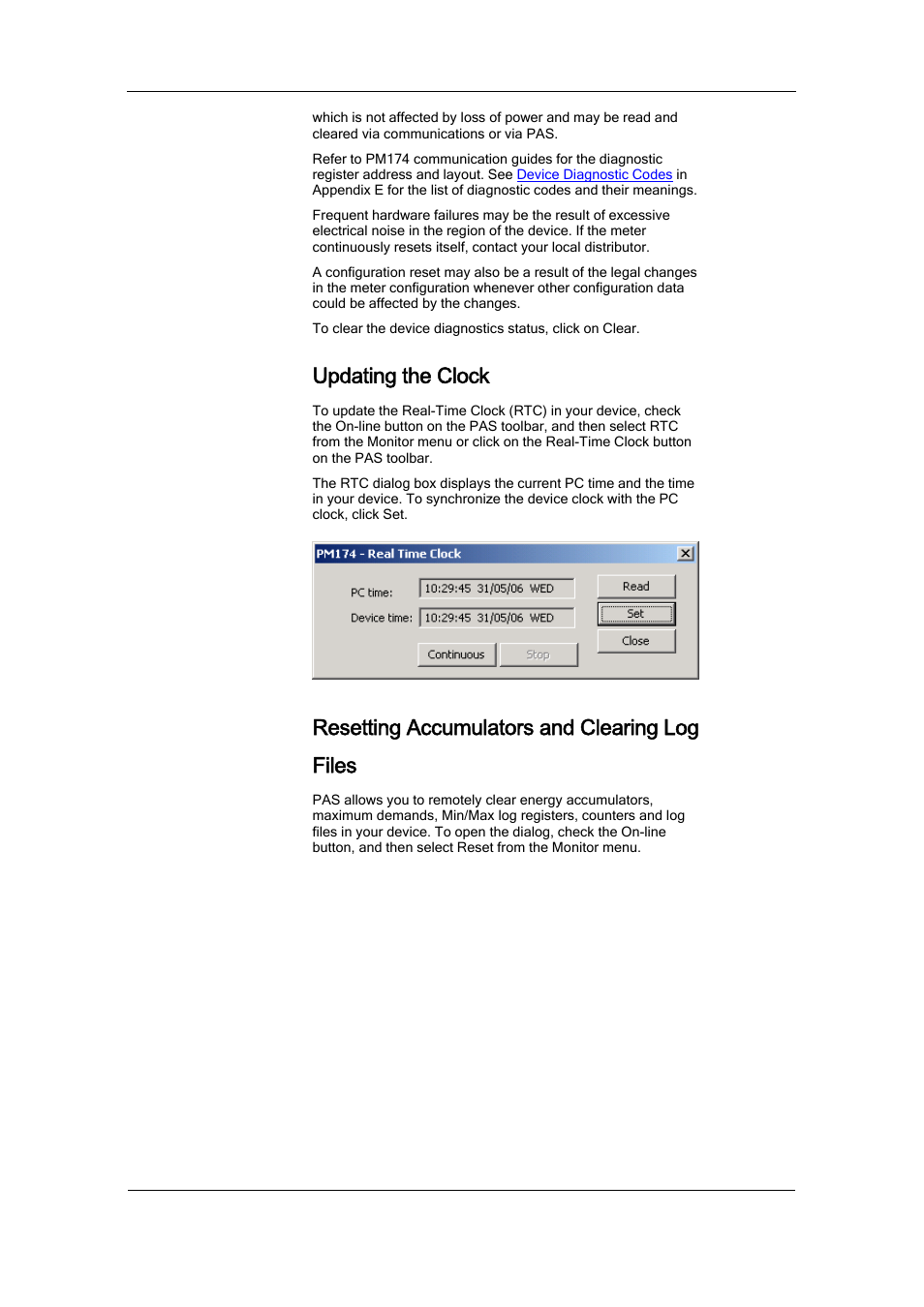 Updating the clock, Resetting accumulators and clearing log files | SATEC PM174 Manual User Manual | Page 107 / 149
