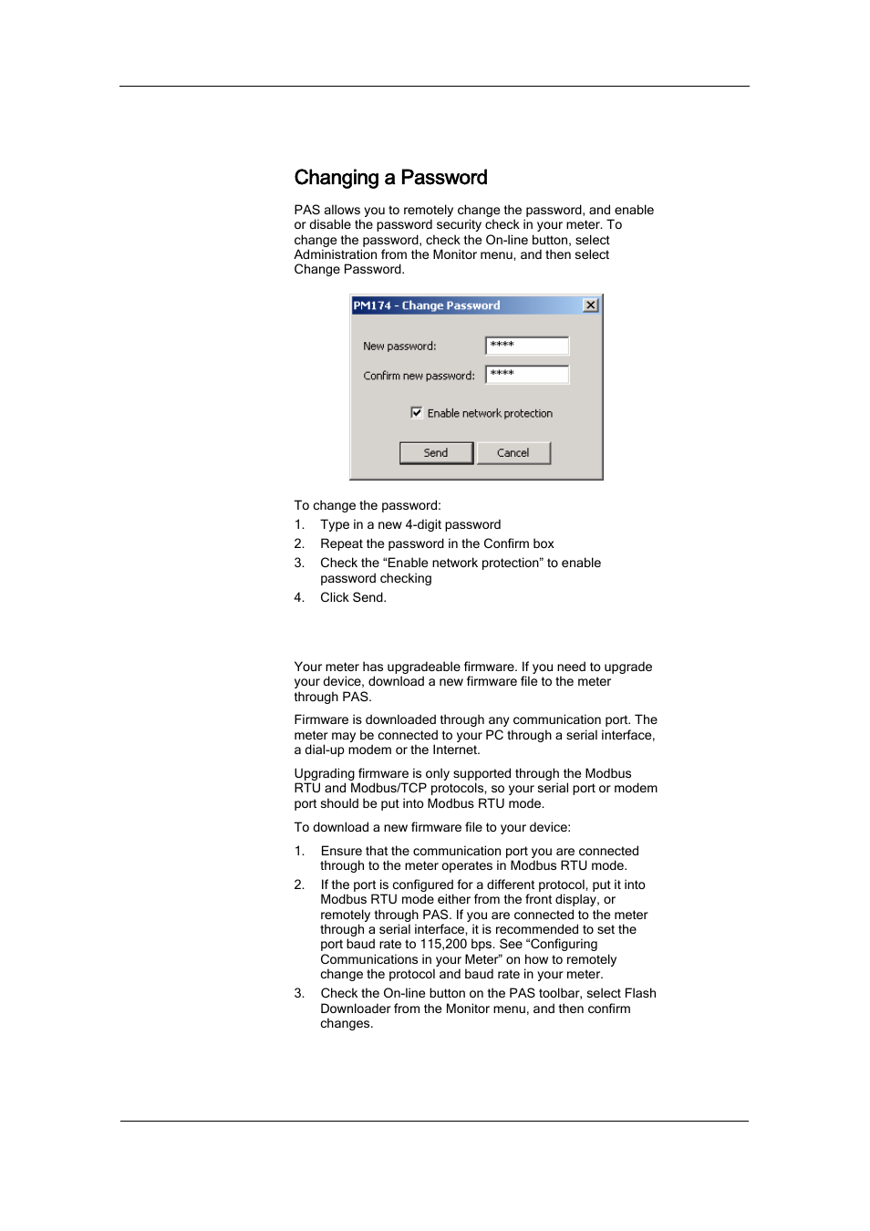 Changing a password, Upgrading device firmware, Administration | SATEC PM174 Manual User Manual | Page 109 / 149