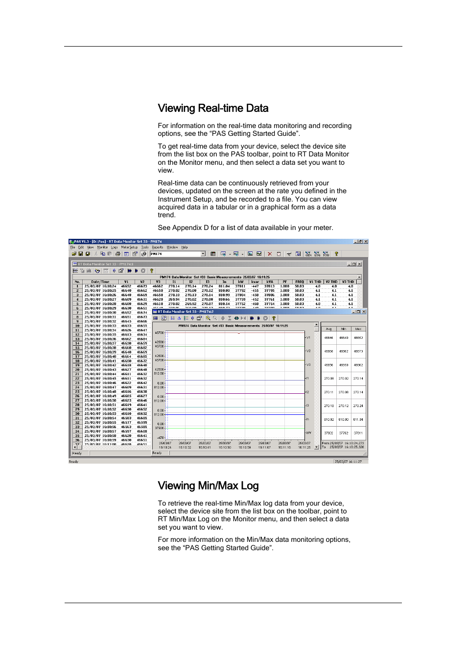 Monitoring devices, Viewing real-time data, Viewing min/max log | SATEC PM174 Manual User Manual | Page 111 / 149
