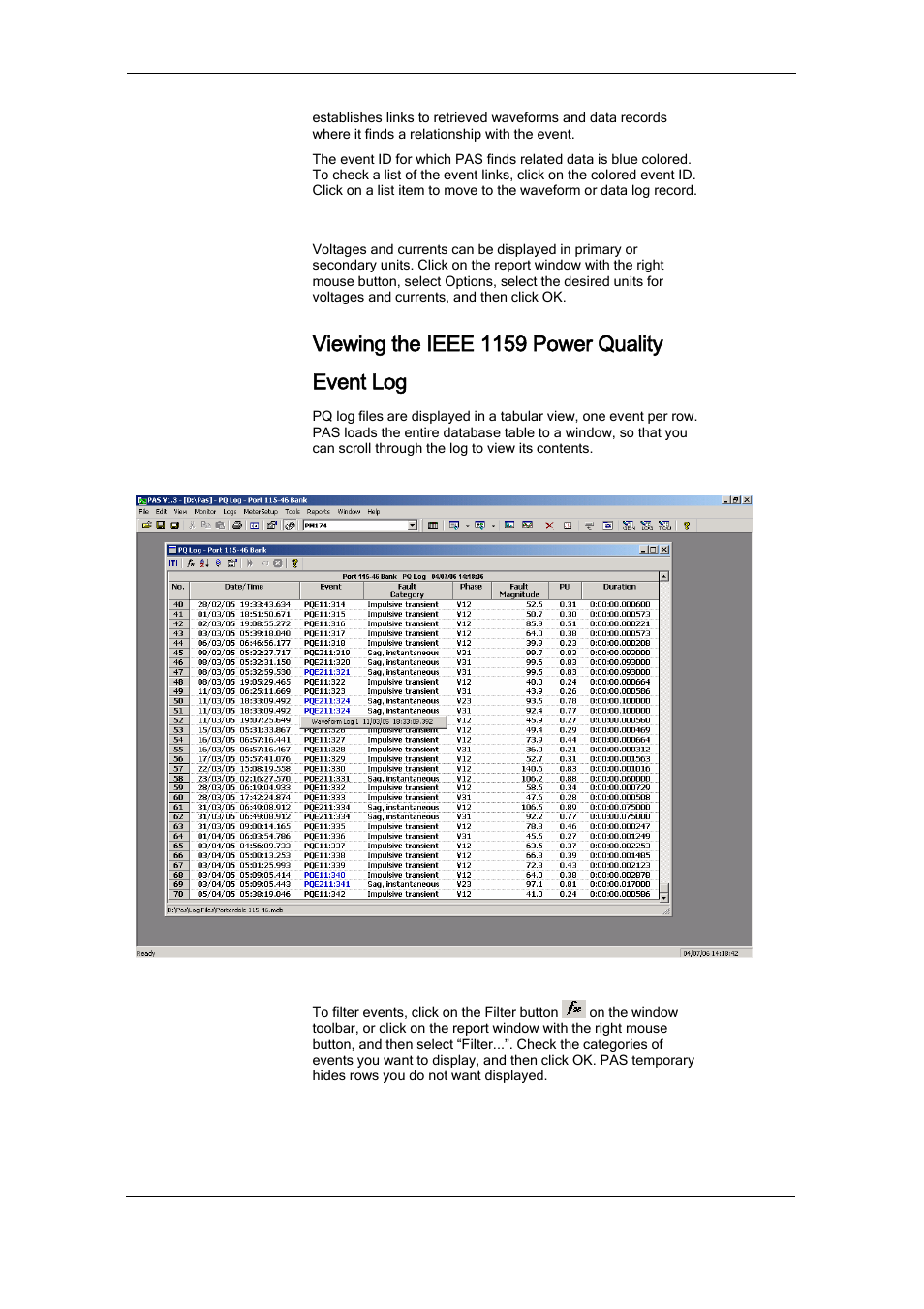Selecting primary and secondary units, Viewing the ieee 1159 power quality event log, Filtering and sorting events | SATEC PM174 Manual User Manual | Page 114 / 149
