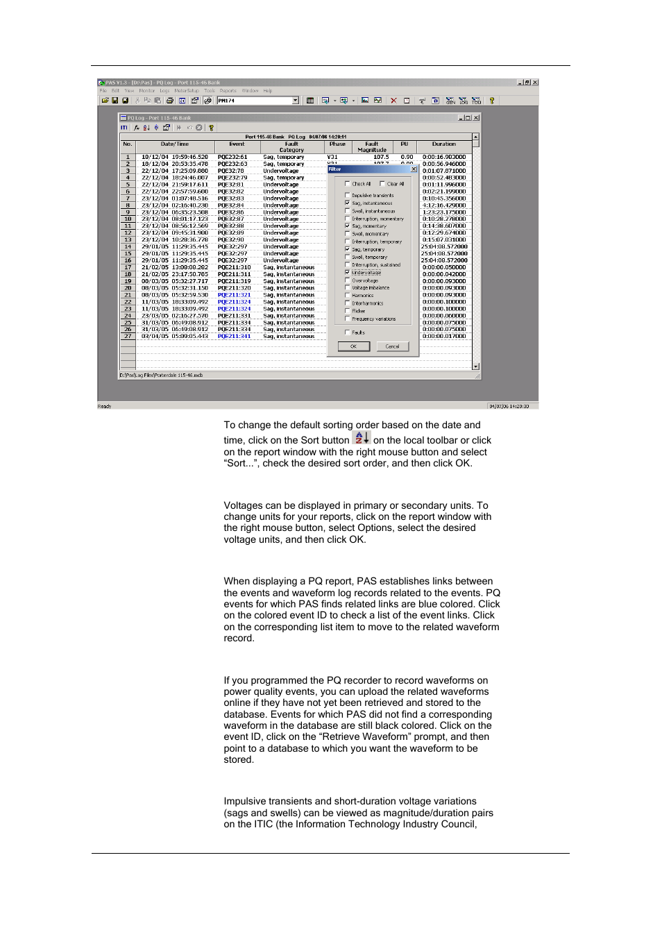 Selecting voltage units, Linking to waveforms, Retrieving waveforms online | Viewing the iti (cbema) curve | SATEC PM174 Manual User Manual | Page 115 / 149