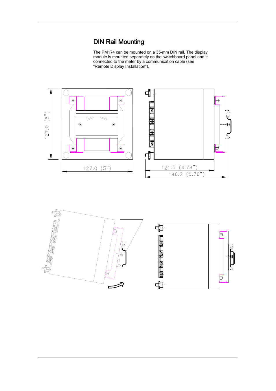 Din rail mounting, Remote display installation | SATEC PM174 Manual User Manual | Page 14 / 149