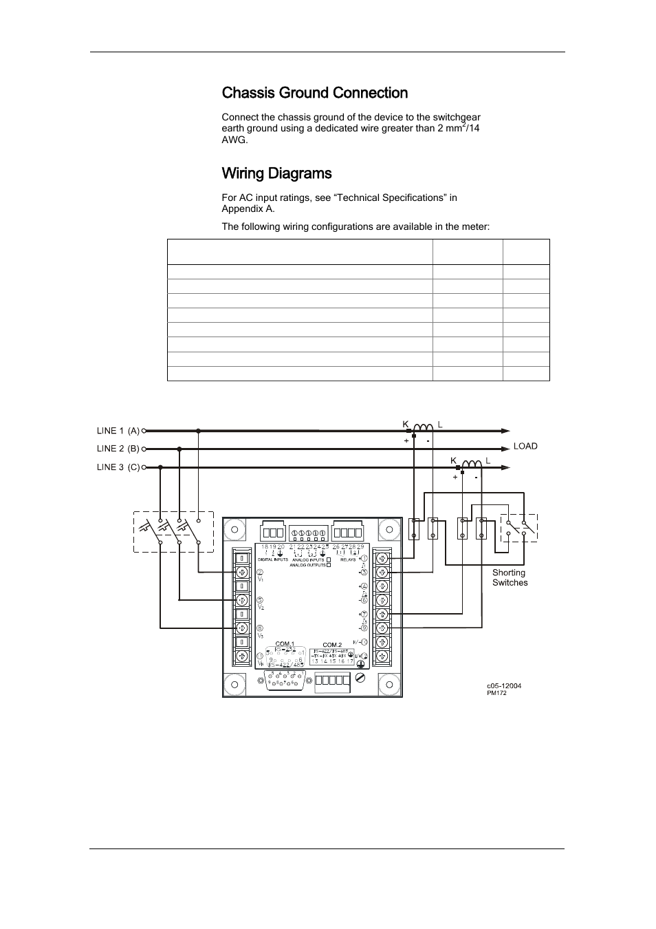 Chassis ground connection, Wiring diagrams | SATEC PM174 Manual User Manual | Page 20 / 149