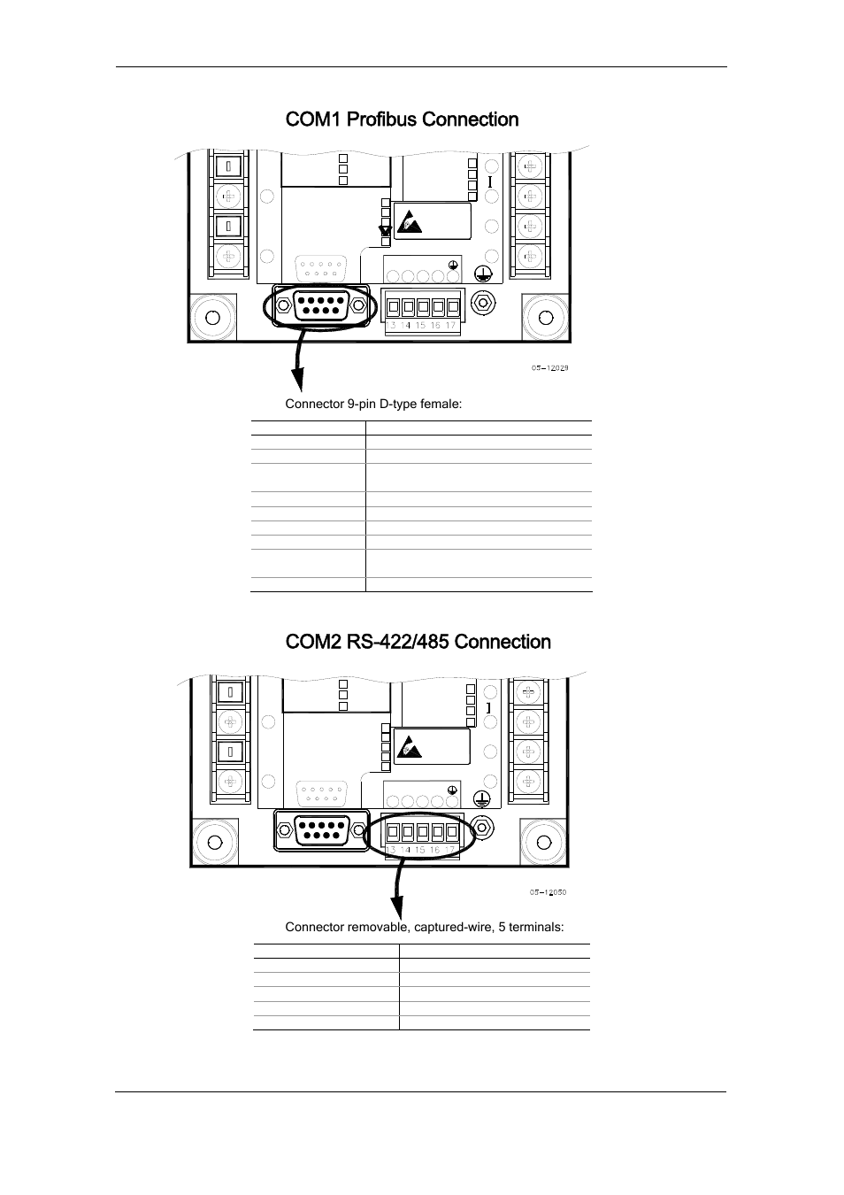 Com1 profibus connection, Com2 rs-422/485 connection, Chapter 2 installation communications connections | Series pm174 powermeters, Connector 9-pin d-type female, Connector removable, captured-wire, 5 terminals | SATEC PM174 Manual User Manual | Page 30 / 149