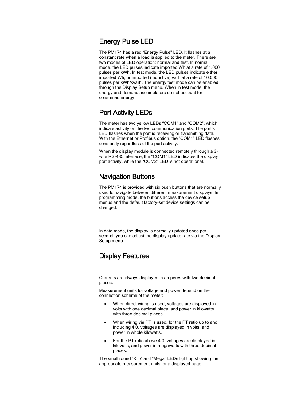 Energy pulse led, Port activity leds, Navigation buttons | Data display, Display features, Measurement units | SATEC PM174 Manual User Manual | Page 34 / 149