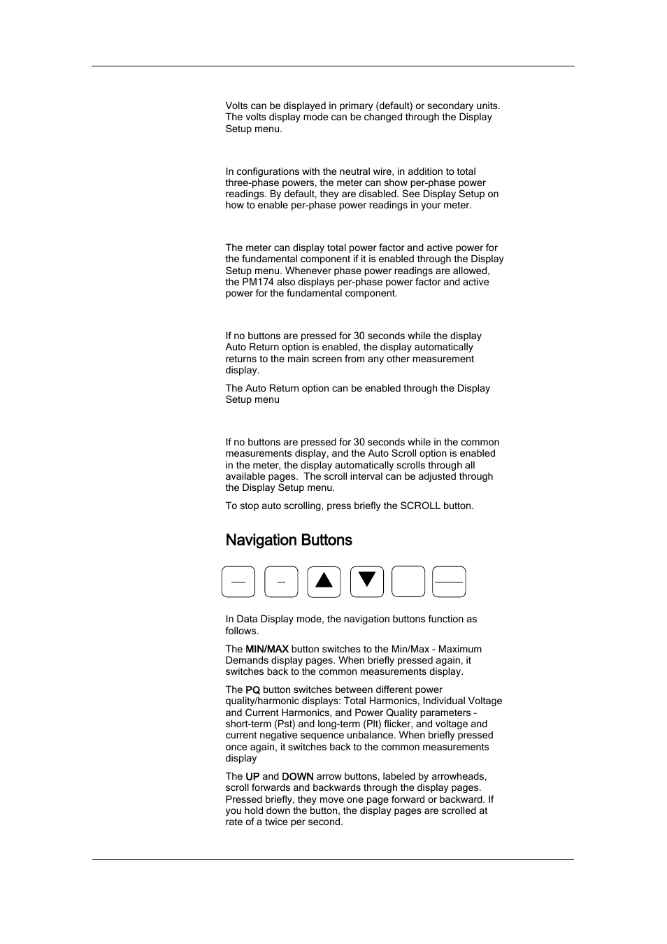 Primary and secondary volts, Phase power readings, Fundamental component | Auto return, Auto scroll, Navigation buttons | SATEC PM174 Manual User Manual | Page 35 / 149