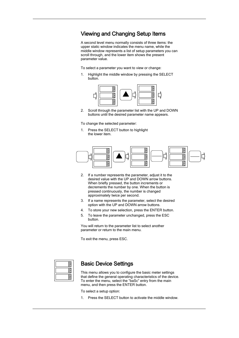 Viewing and changing setup items, Menu operations, Basic device settings | SATEC PM174 Manual User Manual | Page 44 / 149