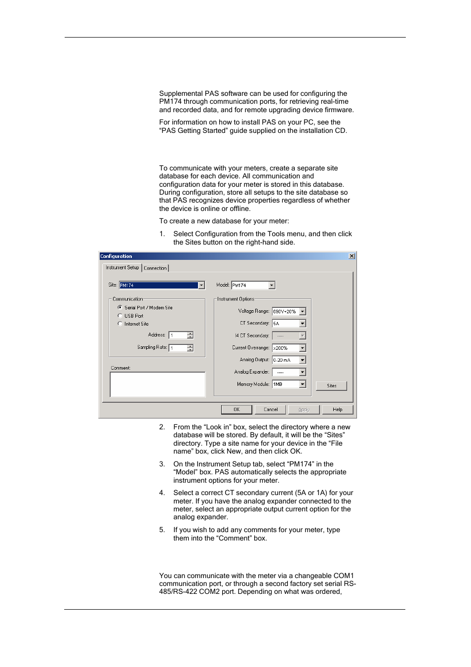 Chapter 4 pas application software, Configuration database, Setting up communications | SATEC PM174 Manual User Manual | Page 58 / 149