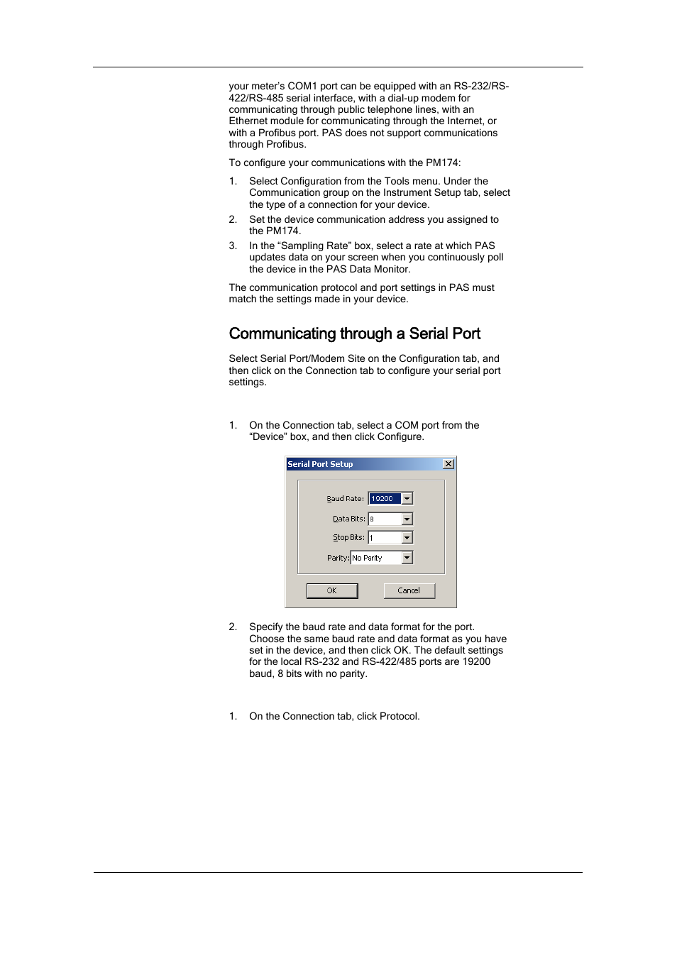 Communicating through a serial port, Configuring a serial port, Selecting the communications protocol | SATEC PM174 Manual User Manual | Page 59 / 149