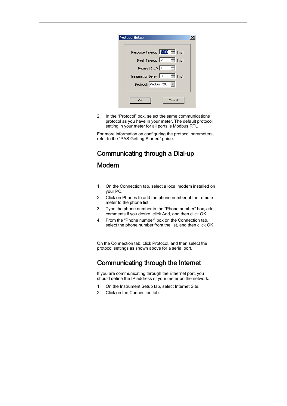 Communicating through a dial-up modem, Configuring a modem, Selecting the communications protocol | Communicating through the internet | SATEC PM174 Manual User Manual | Page 60 / 149