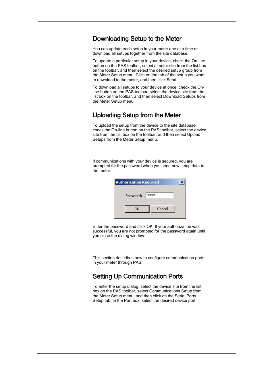 Downloading setup to the meter, Uploading setup from the meter, Authorization | Configuring communications in your meter, Setting up communication ports | SATEC PM174 Manual User Manual | Page 62 / 149