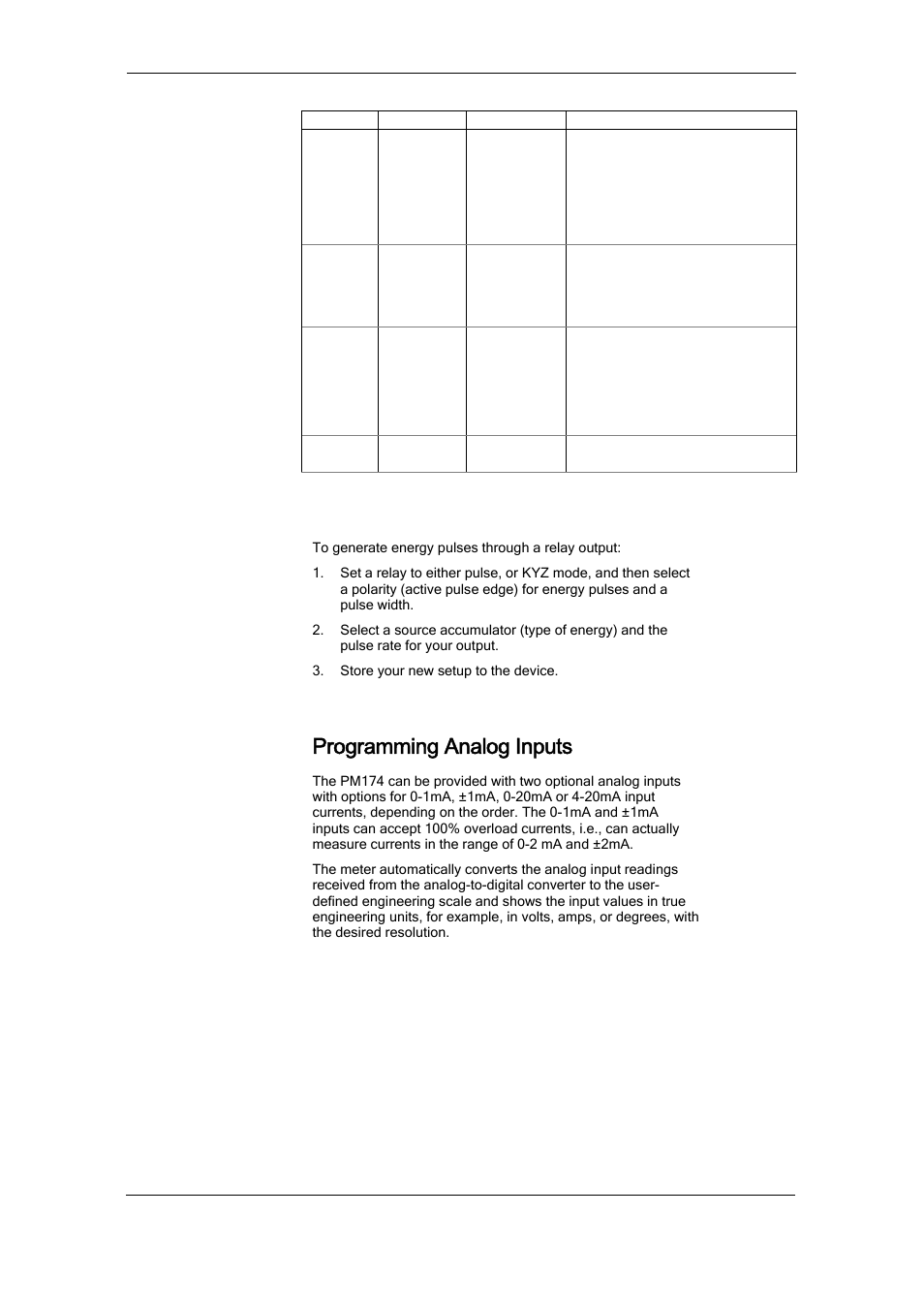 Generating energy pulses through relay outputs, Programming analog inputs | SATEC PM174 Manual User Manual | Page 74 / 149