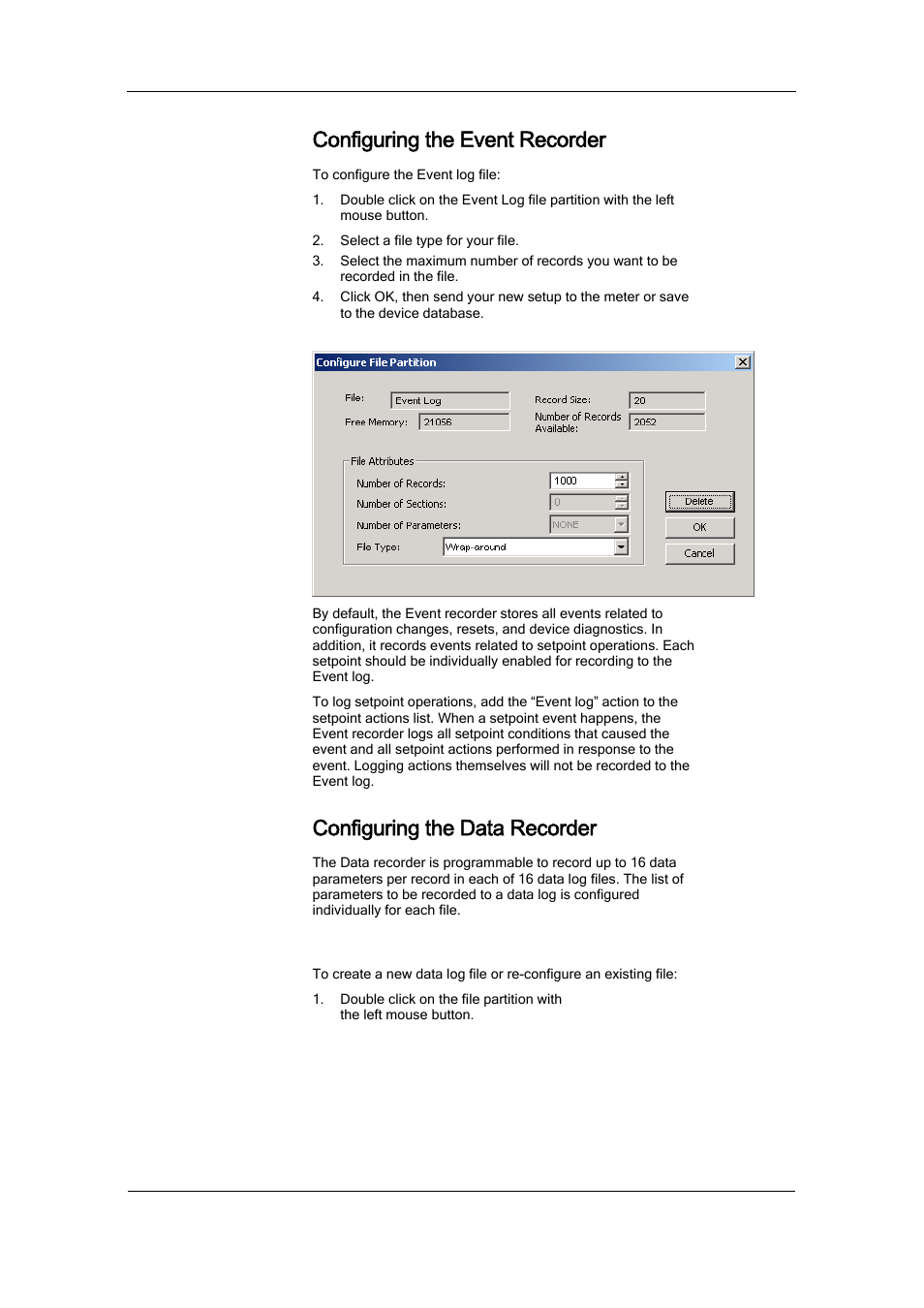 Configuring the event recorder, Configuring the data recorder, Conventional data log files | SATEC PM174 Manual User Manual | Page 91 / 149