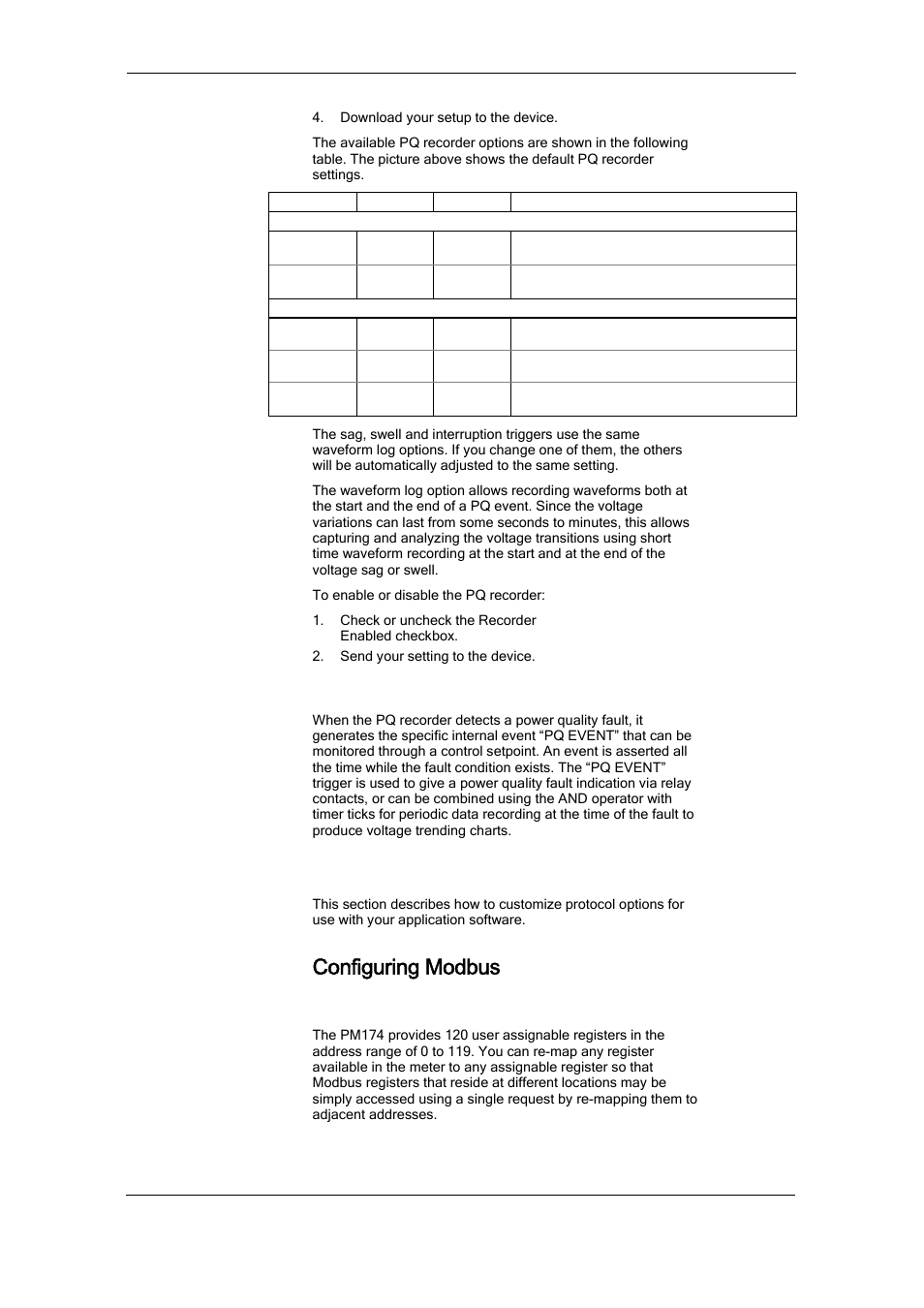 Power quality event indication, Configuring communication protocols, Configuring modbus | Modbus point mapping | SATEC PM174 Manual User Manual | Page 98 / 149