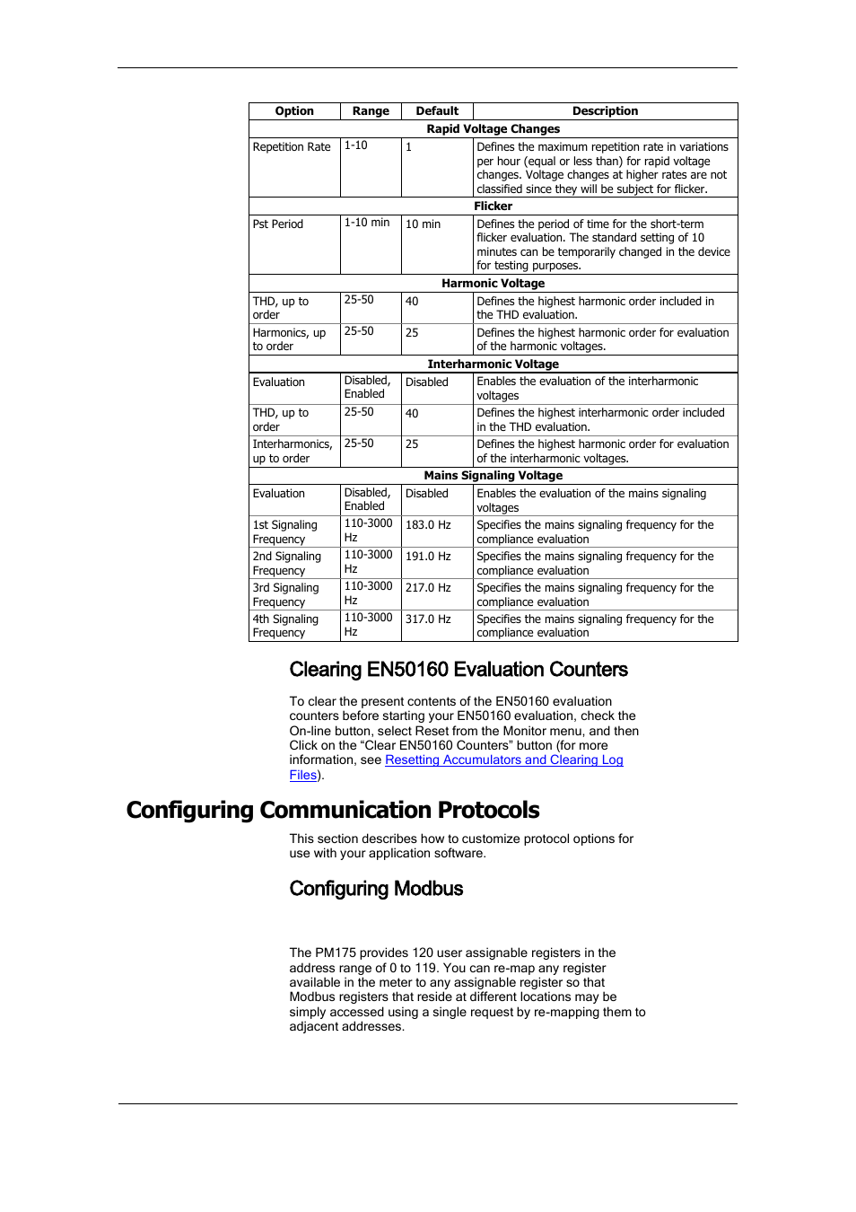 Clearing en50160 evaluation counters, Configuring communication protocols, Configuring modbus | En50160 harmonics limits setup, Modbus point mapping | SATEC PM175 Manual User Manual | Page 107 / 168