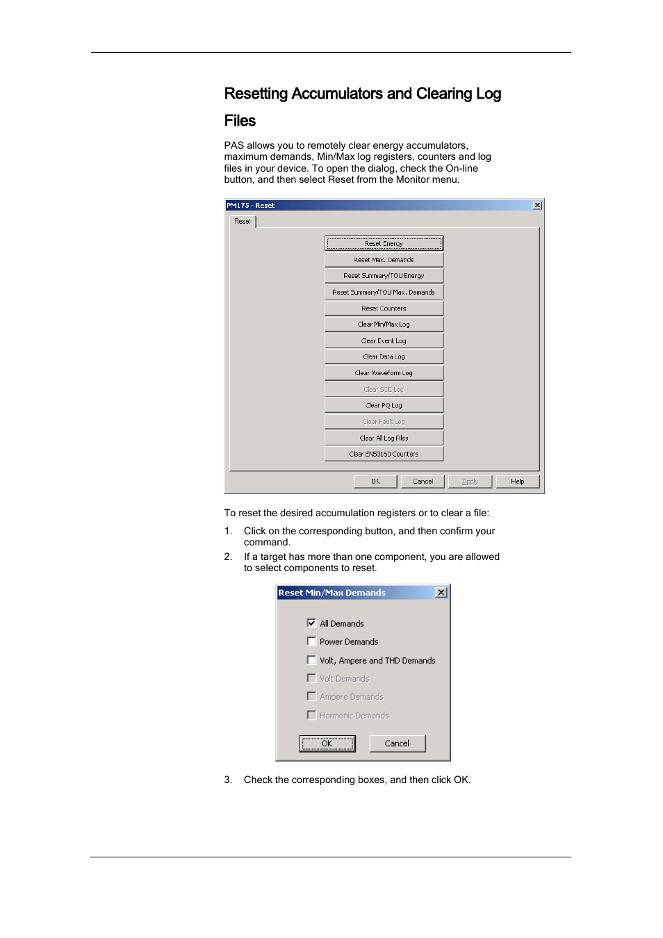 Resetting accumulators and clearing log files, Resetting accumulators and clearing log, Files | SATEC PM175 Manual User Manual | Page 116 / 168