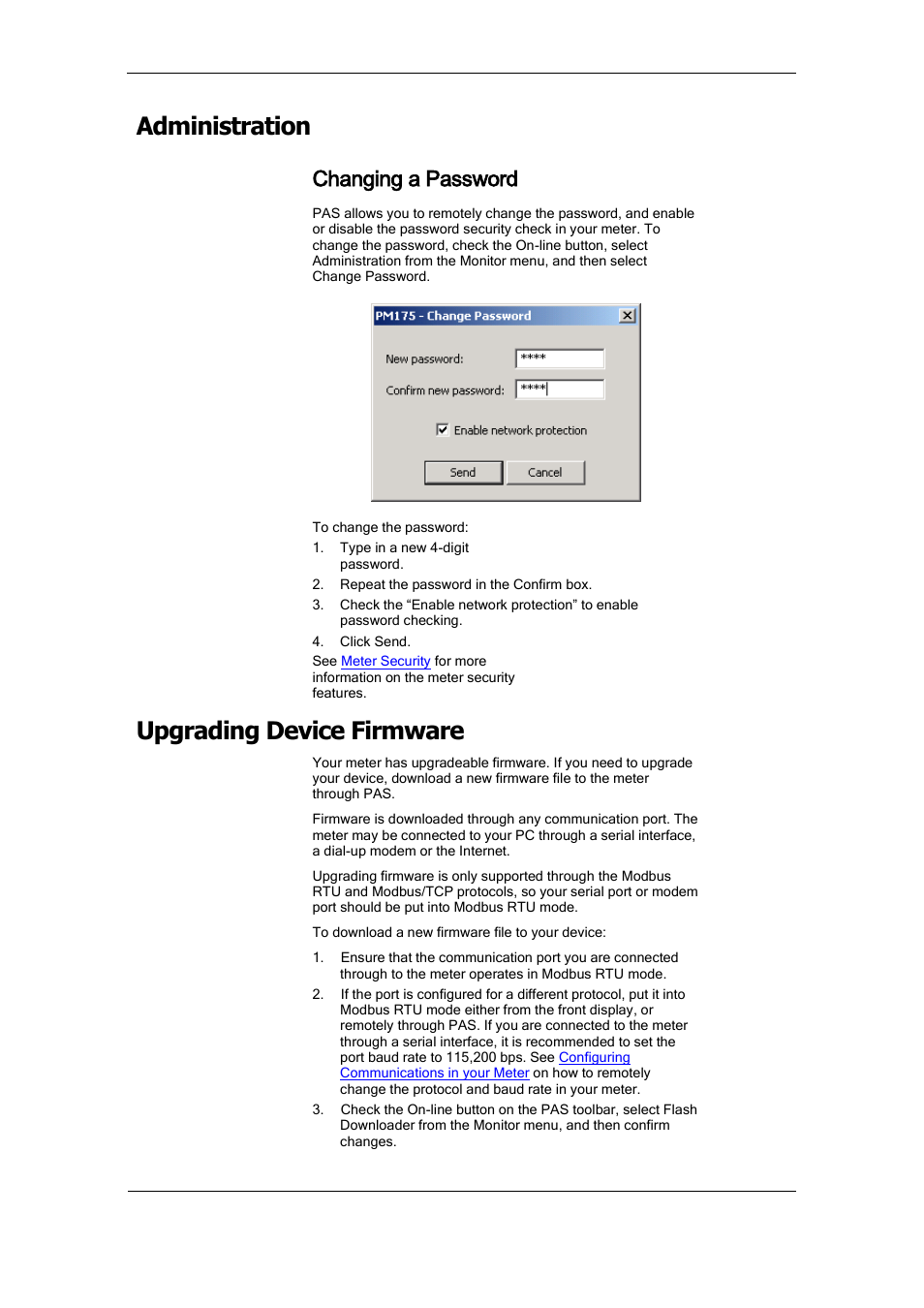 Administration, Changing a password, Upgrading device firmware | SATEC PM175 Manual User Manual | Page 117 / 168