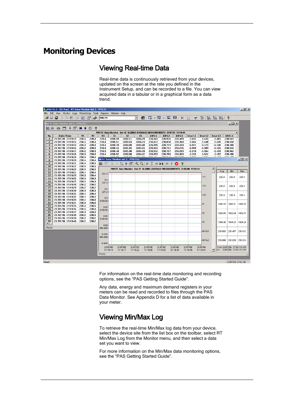 Monitoring devices, Viewing real-time data, Viewing min/max log | SATEC PM175 Manual User Manual | Page 119 / 168