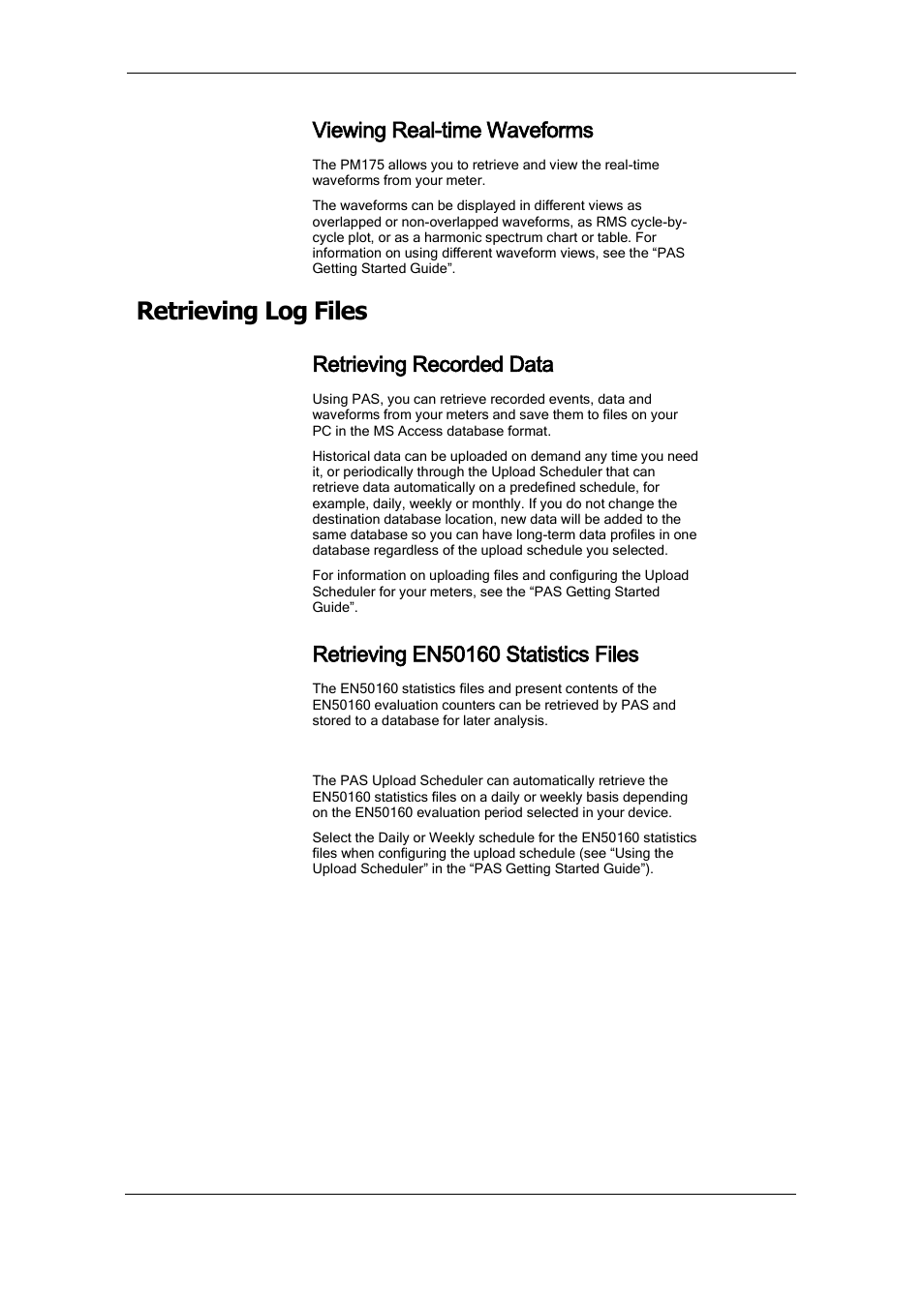 Viewing real-time waveforms, Retrieving log files, Retrieving recorded data | Retrieving en50160 statistics files | SATEC PM175 Manual User Manual | Page 120 / 168