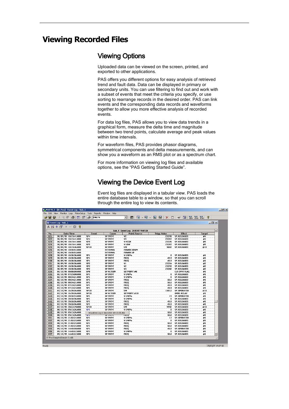 Viewing recorded files, Viewing options, Viewing the device event log | SATEC PM175 Manual User Manual | Page 122 / 168