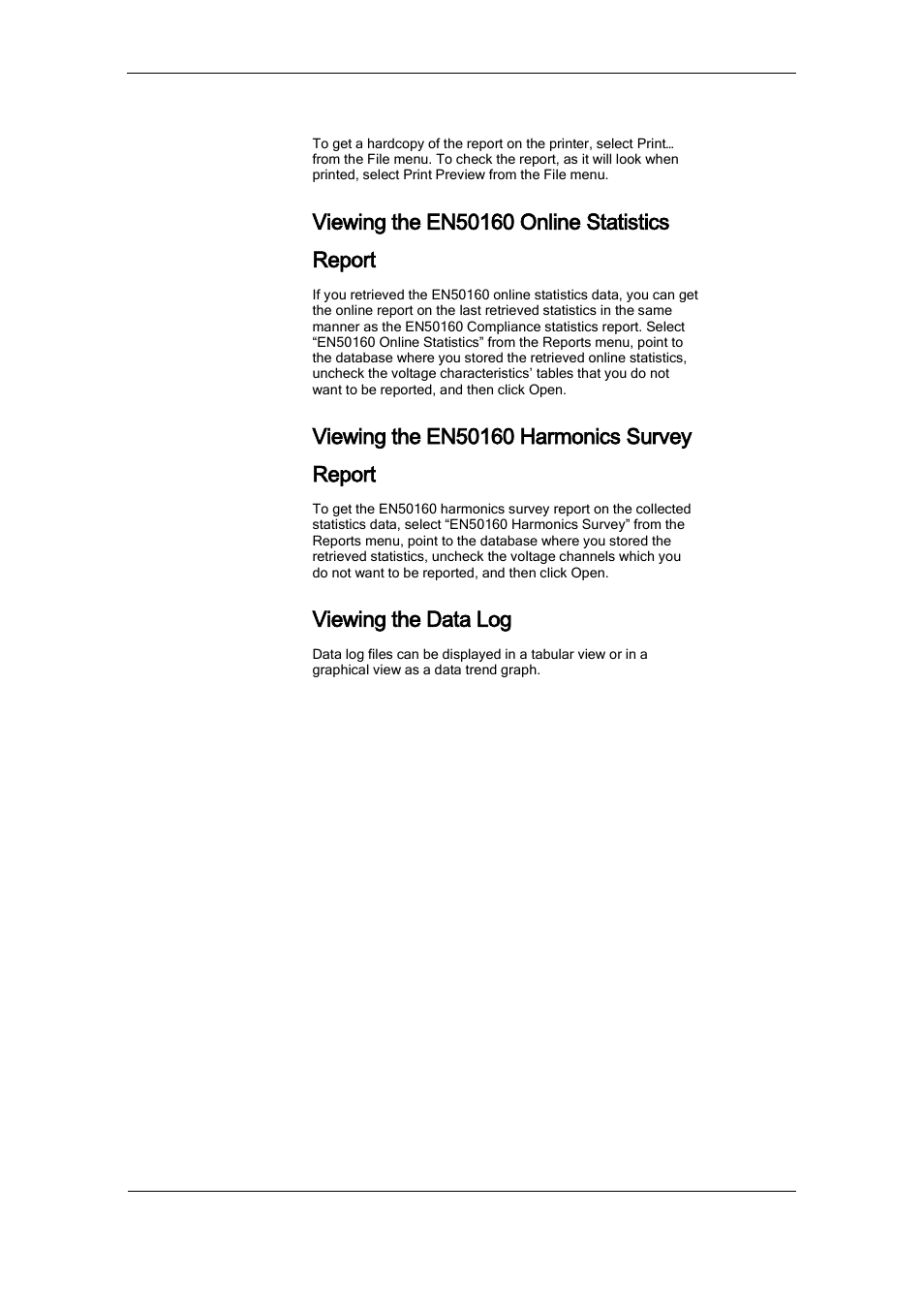 Viewing the en50160 online statistics report, Viewing the en50160 harmonics survey report, Viewing the data log | SATEC PM175 Manual User Manual | Page 129 / 168