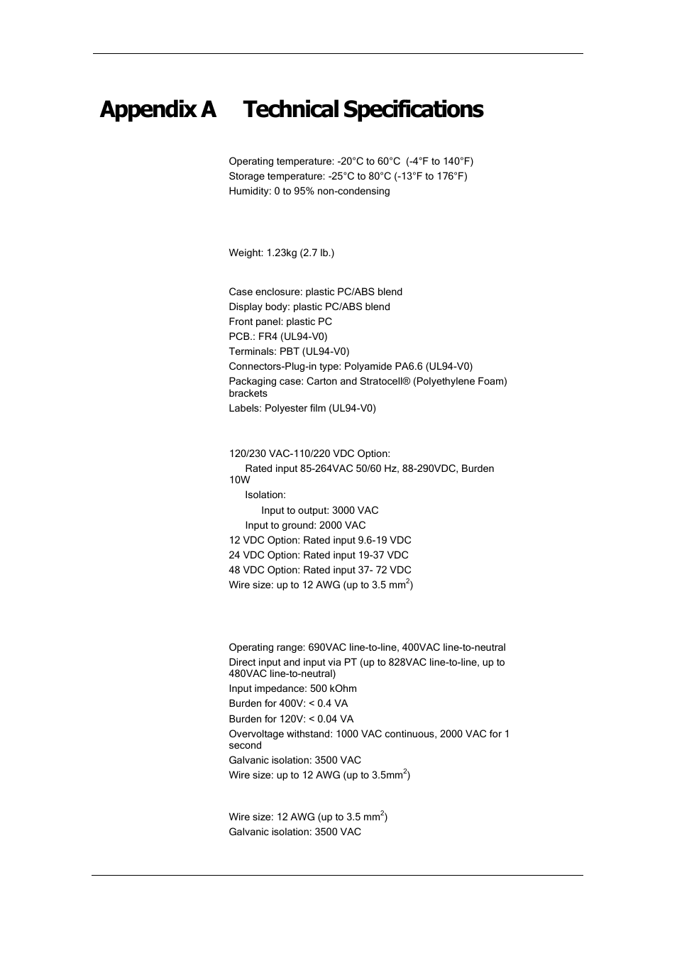 Appendix a technical specifications, Environmental conditions, Construction | Power supply, Input ratings | SATEC PM175 Manual User Manual | Page 140 / 168
