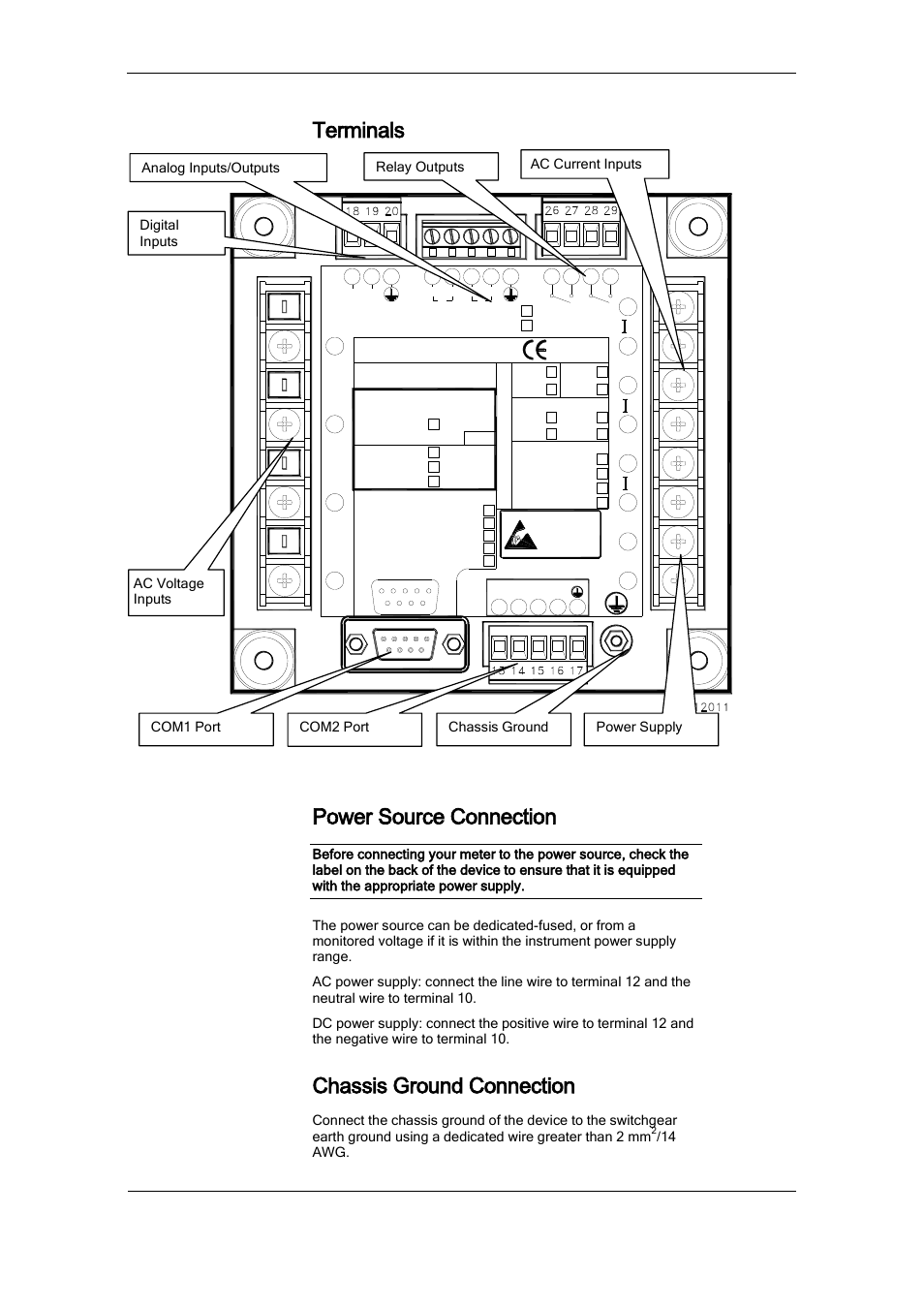 Terminals, Power source connection, Chassis ground connection | SATEC PM175 Manual User Manual | Page 19 / 168