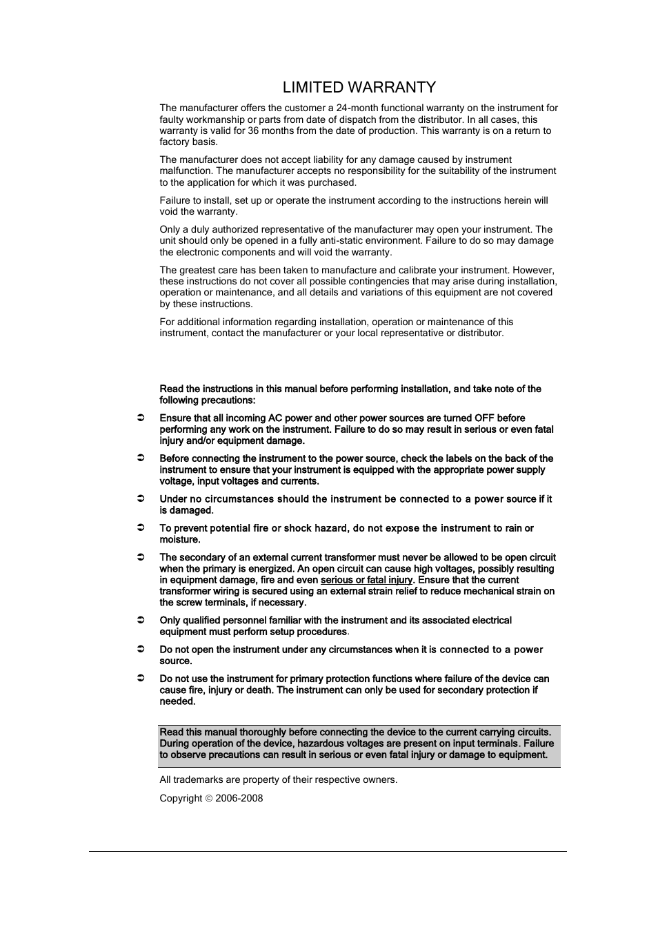 Limited warranty, Warning | SATEC PM175 Manual User Manual | Page 2 / 168