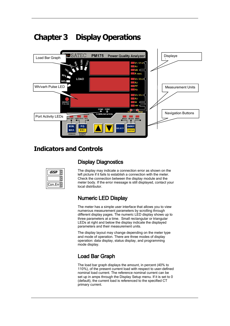Chapter 3 display operations, Indicators and controls, Display diagnostics | Numeric led display, Load bar graph | SATEC PM175 Manual User Manual | Page 32 / 168