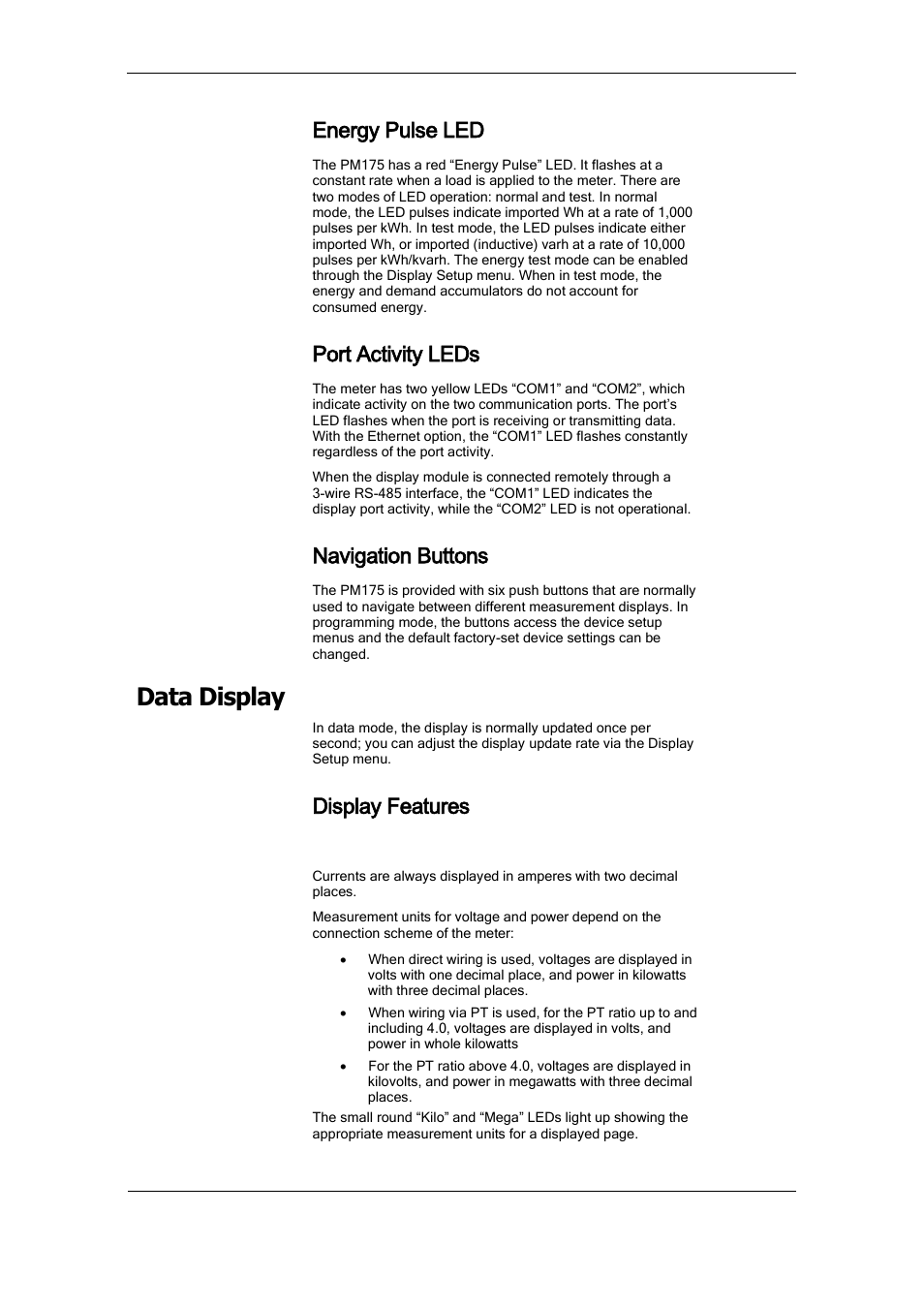 Energy pulse led, Port activity leds, Navigation buttons | Data display, Display features | SATEC PM175 Manual User Manual | Page 33 / 168