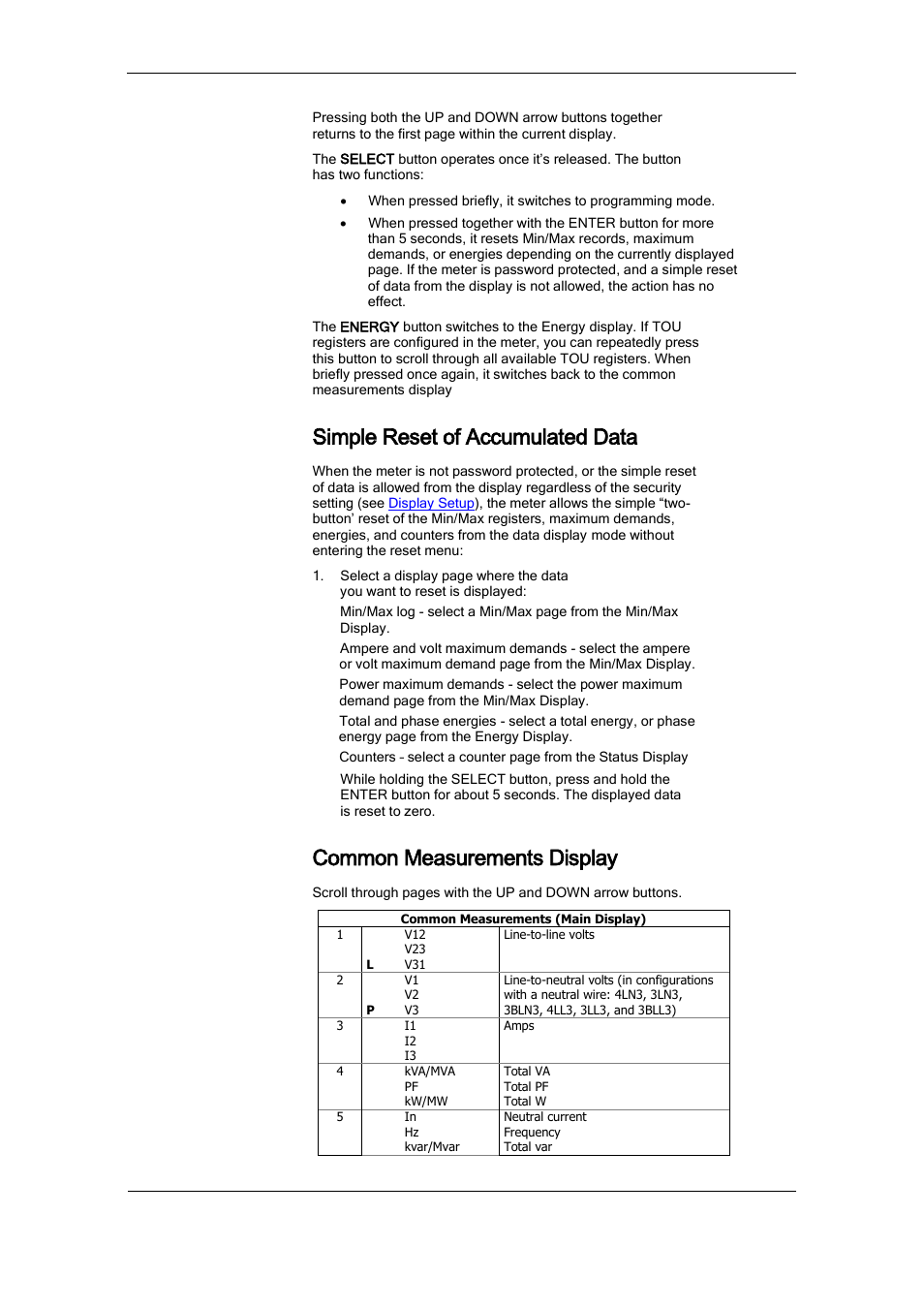 Simple reset of accumulated data, Common measurements display | SATEC PM175 Manual User Manual | Page 35 / 168