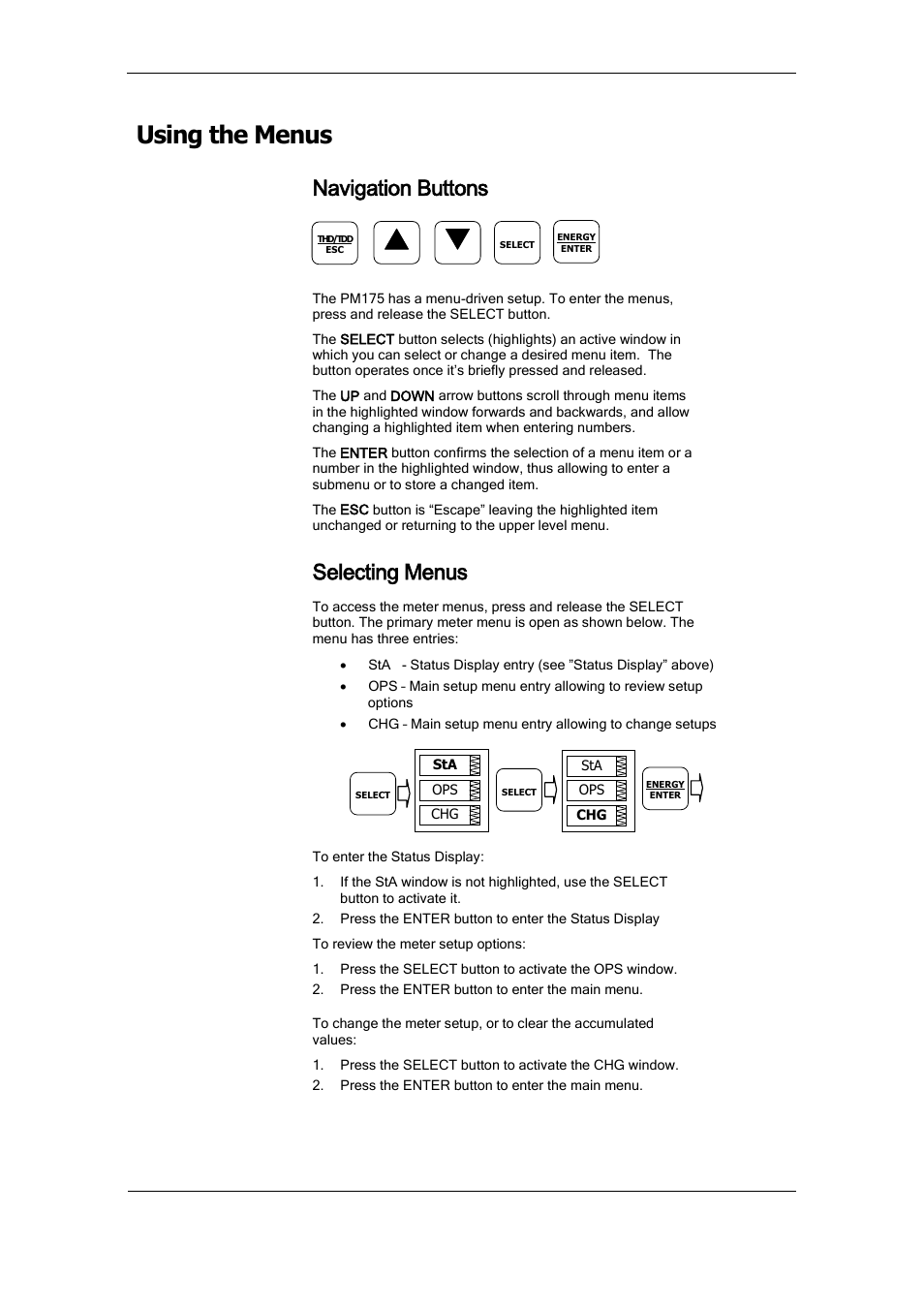 Using the menus, Navigation buttons, Selecting menus | SATEC PM175 Manual User Manual | Page 41 / 168