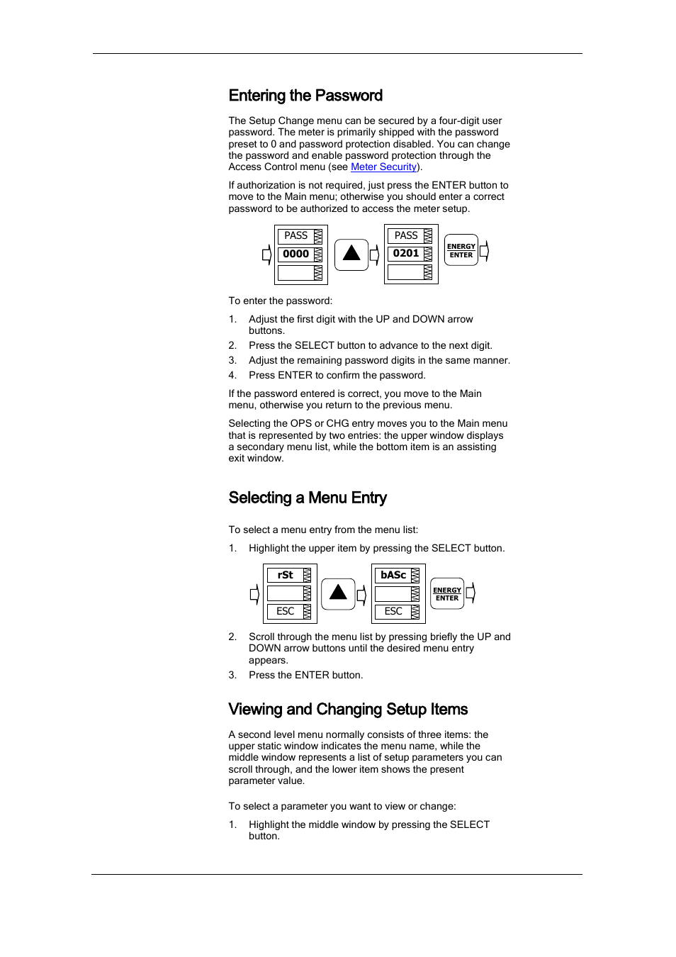 Entering the password, Selecting a menu entry, Viewing and changing setup items | SATEC PM175 Manual User Manual | Page 42 / 168