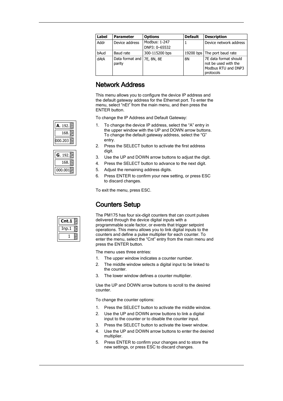 Network address, Counters setup | SATEC PM175 Manual User Manual | Page 47 / 168