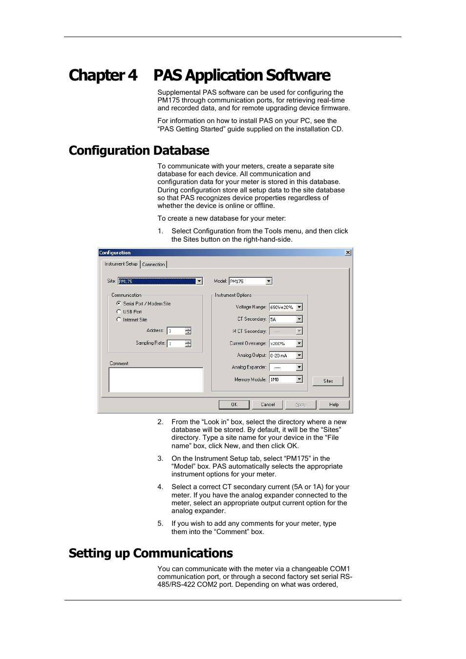 Chapter 4 pas application software, Configuration database, Setting up communications | SATEC PM175 Manual User Manual | Page 57 / 168