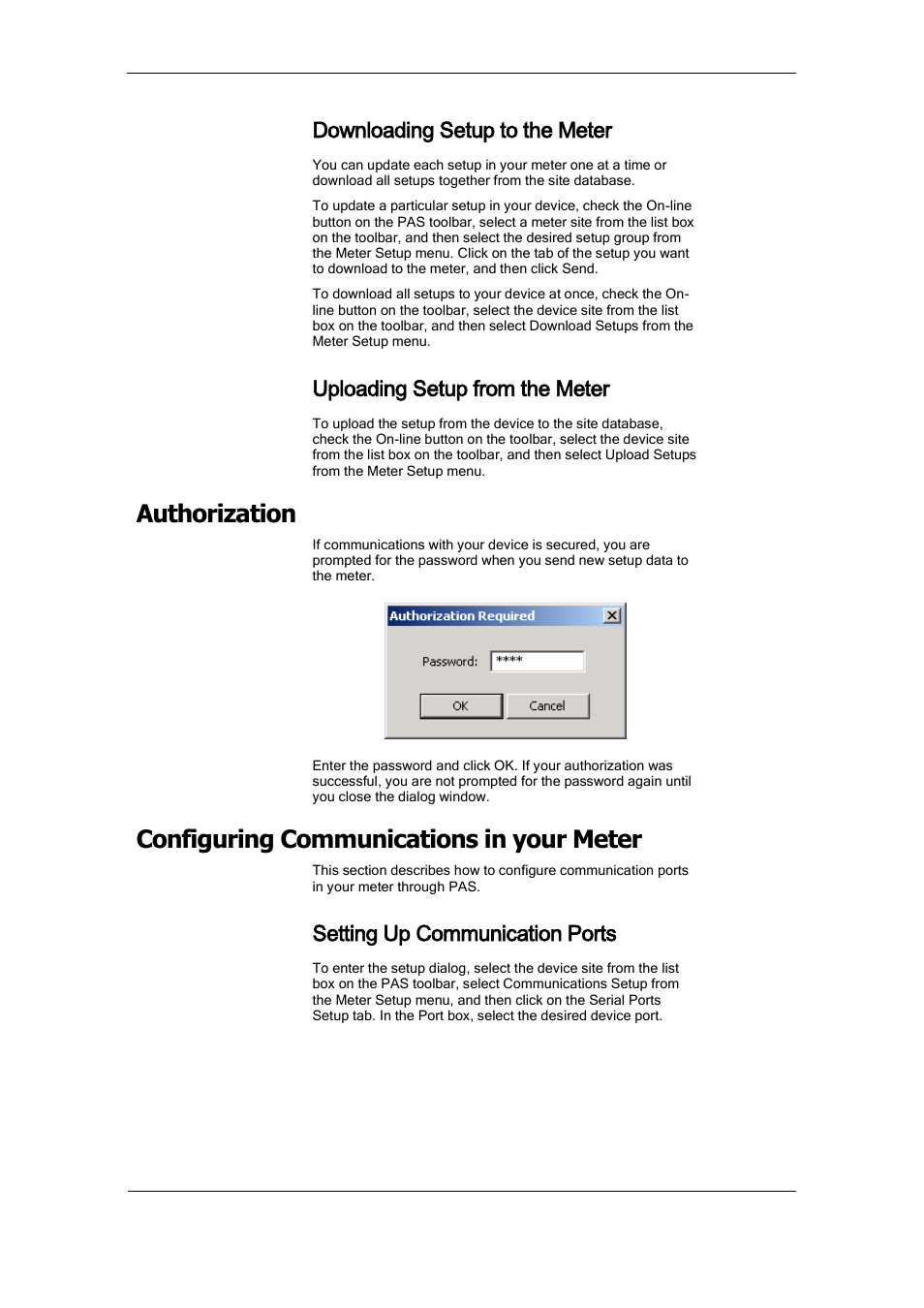Downloading setup to the meter, Uploading setup from the meter, Authorization | Configuring communications in your meter, Setting up communication ports | SATEC PM175 Manual User Manual | Page 61 / 168