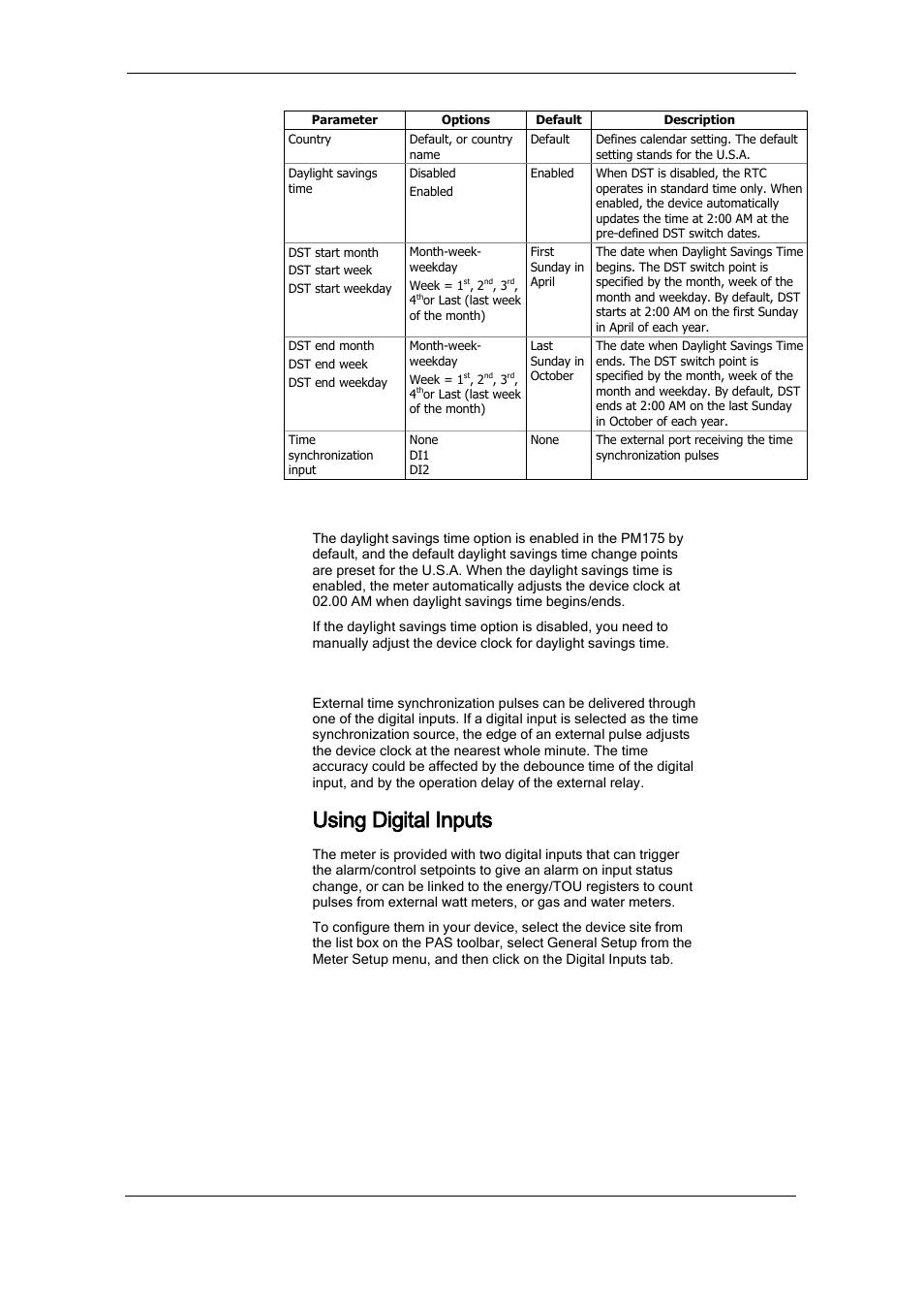 Using digital inputs, Daylight savings time, Time synchronization pulses | SATEC PM175 Manual User Manual | Page 68 / 168