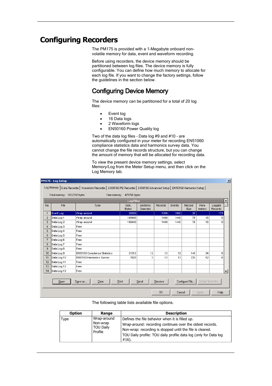 Configuring recorders, Configuring device memory | SATEC PM175 Manual User Manual | Page 86 / 168