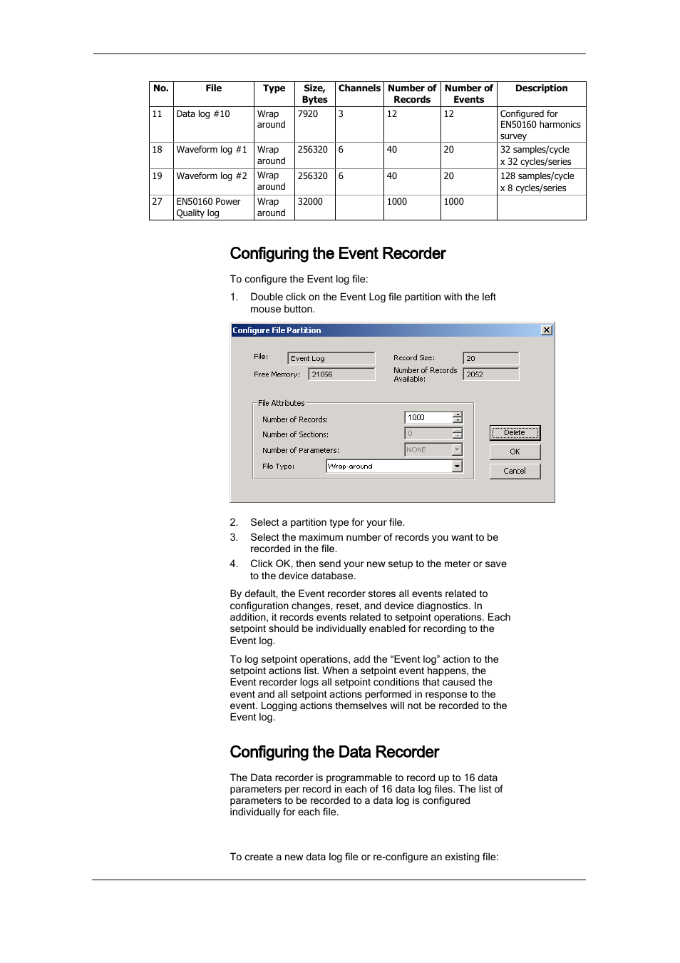 Configuring the event recorder, Configuring the data recorder, Conventional data log files | SATEC PM175 Manual User Manual | Page 88 / 168