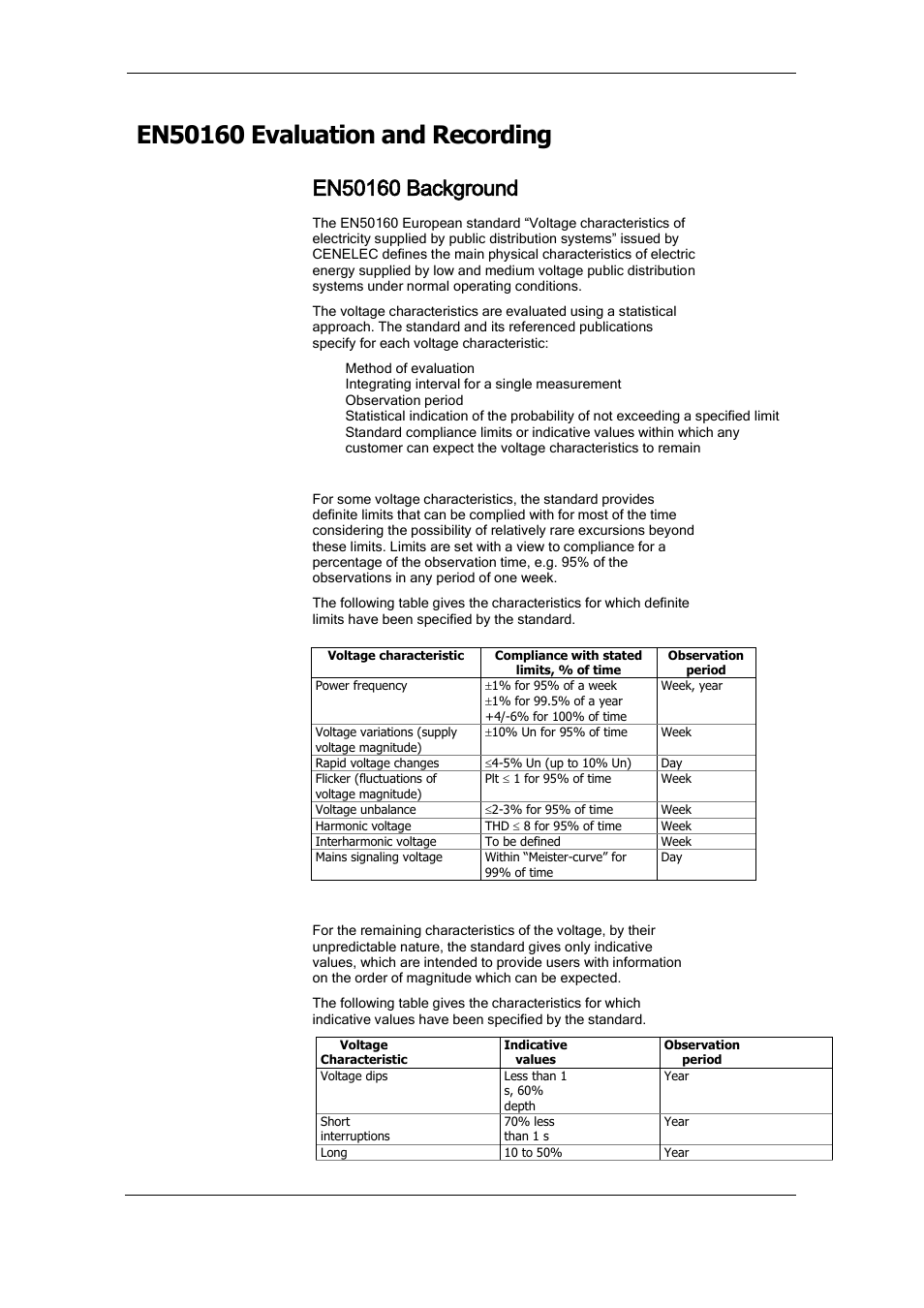 En50160 evaluation and recording, En50160 background, Compliance limits | Indicatives values | SATEC PM175 Manual User Manual | Page 94 / 168