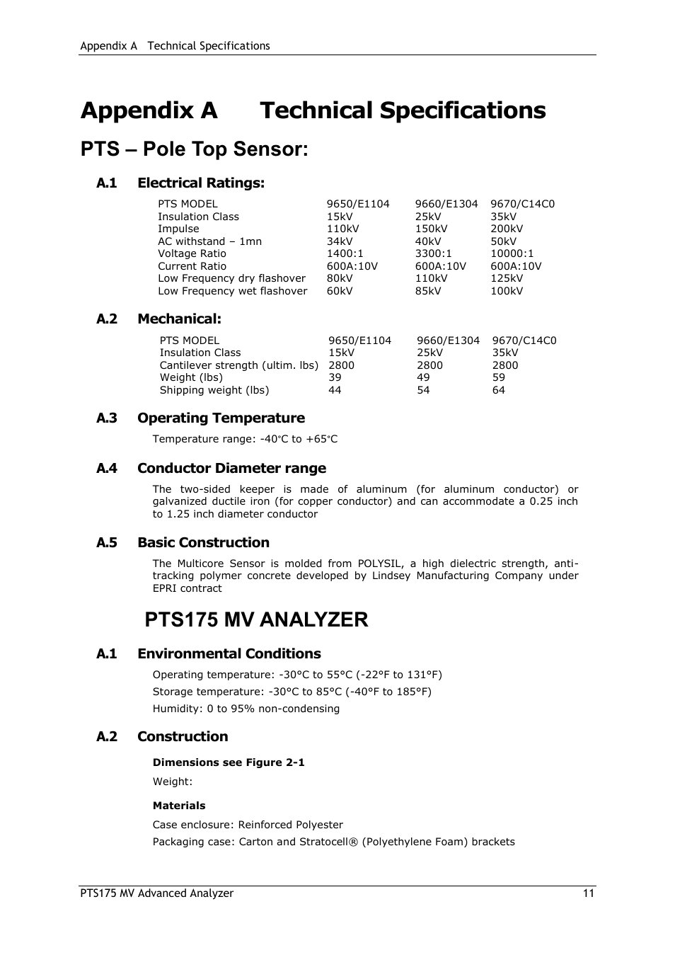 Appendix a technical specifications, Technical, Specifications | Technical specifications, Pts – pole top sensor, Pts175 mv analyzer | SATEC PTS175 Manual User Manual | Page 11 / 12