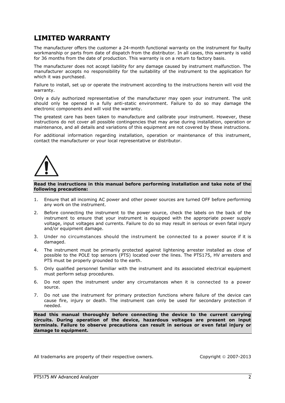 Limited warranty, Warning | SATEC PTS175 Manual User Manual | Page 2 / 12