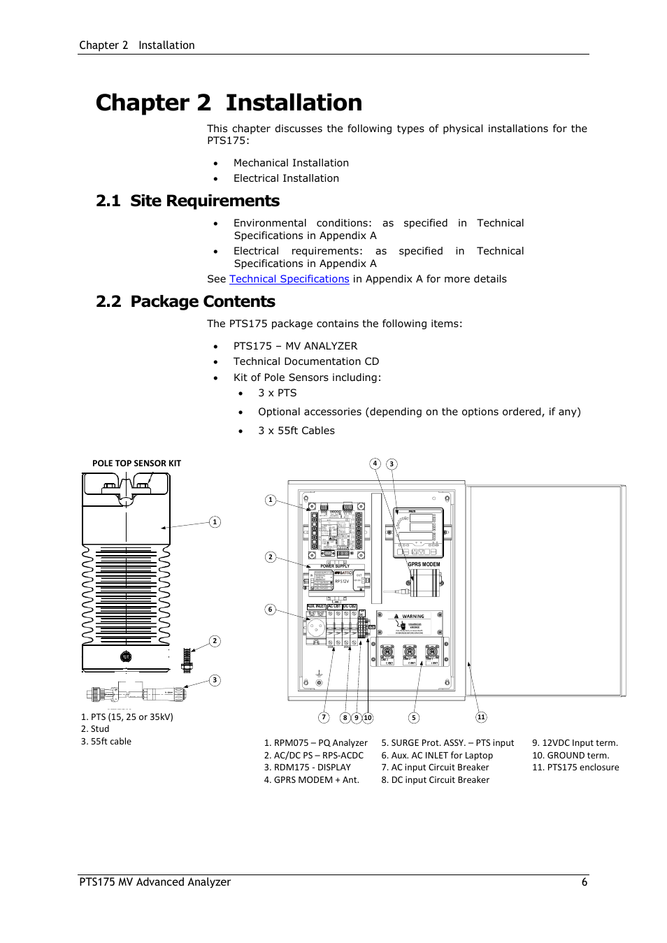 Chapter 2 installation, Site requirements, Package contents | 1 site requirements, 2 package contents | SATEC PTS175 Manual User Manual | Page 6 / 12