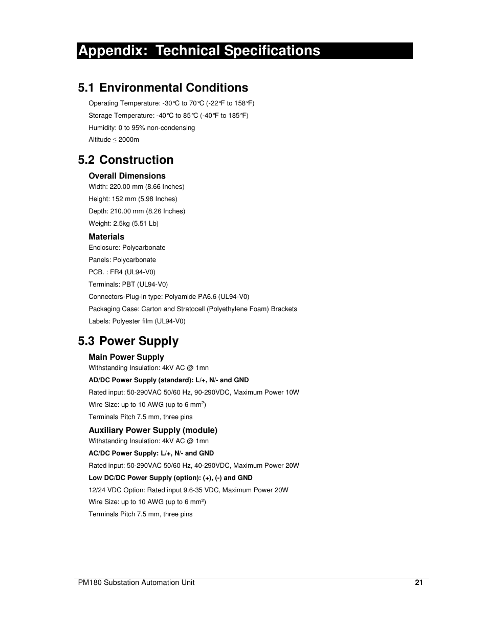 Appendix: technical specifications, 1 environmental conditions, 2 construction | 3 power supply | SATEC PM180 Installation Manual User Manual | Page 24 / 33