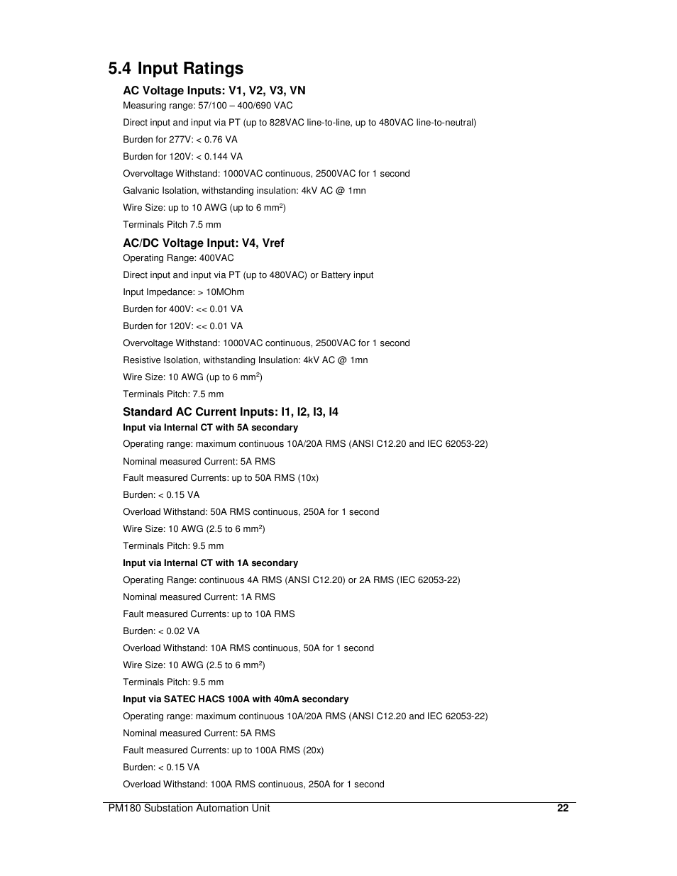 4 input ratings | SATEC PM180 Installation Manual User Manual | Page 25 / 33