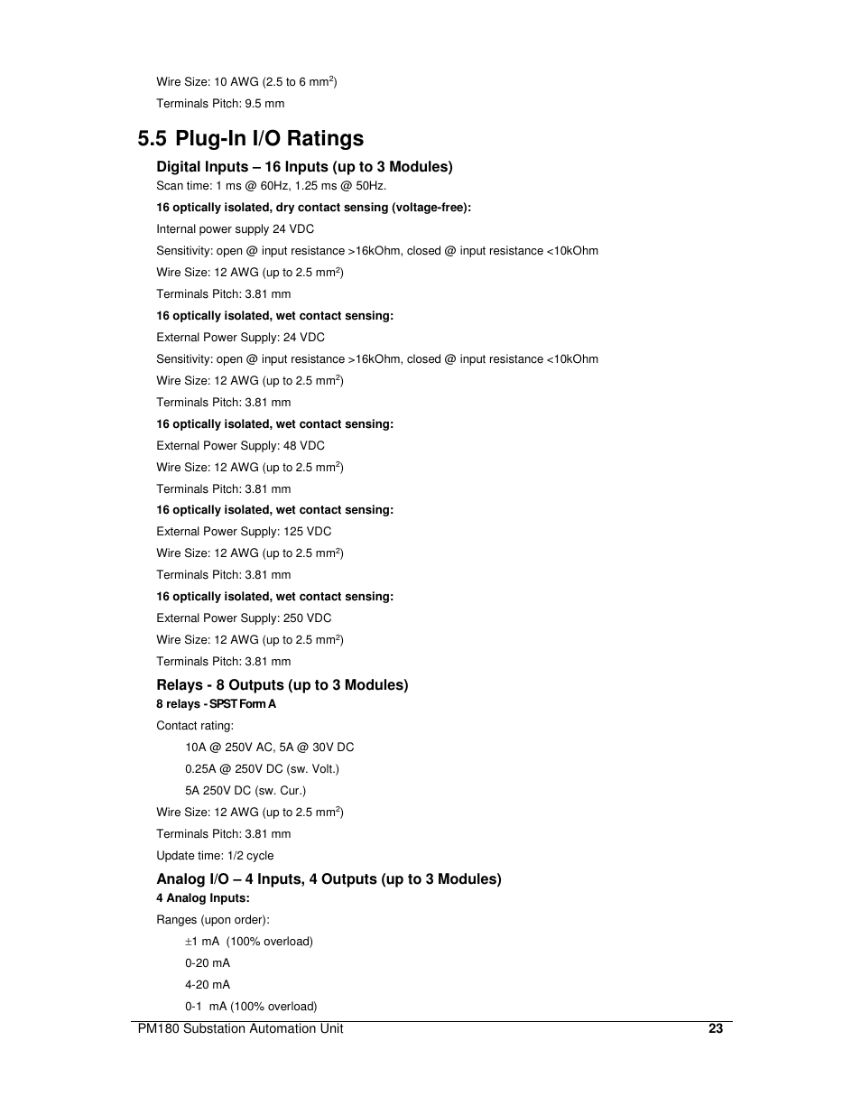 5 plug-in i/o ratings | SATEC PM180 Installation Manual User Manual | Page 26 / 33