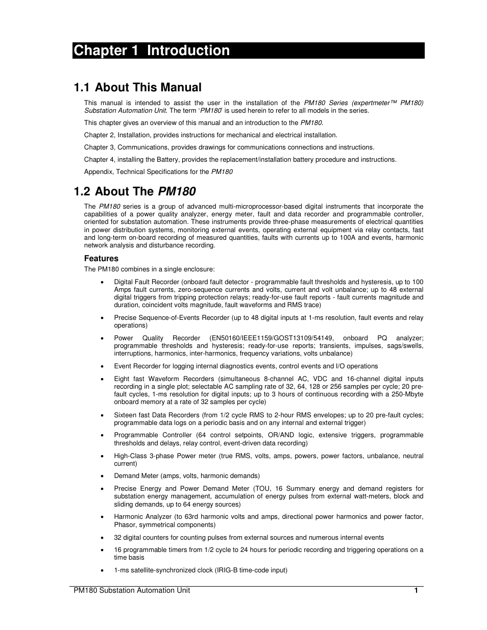 Chapter 1 introduction, 1 about this manual, 2 about the pm180 | SATEC PM180 Installation Manual User Manual | Page 4 / 33